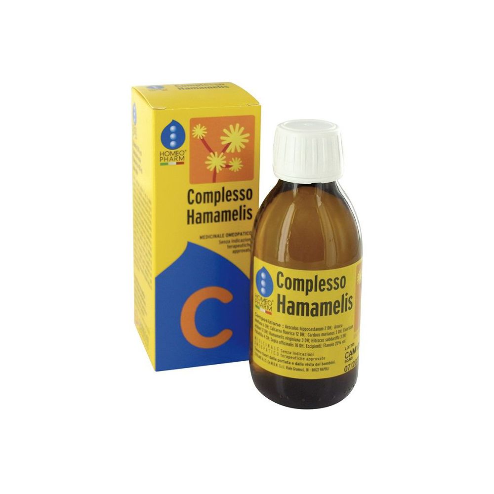 Flacone di vetro marrone e scatola gialla. Scritto: Complesso Hamamelis. Medicinali omeopatici.