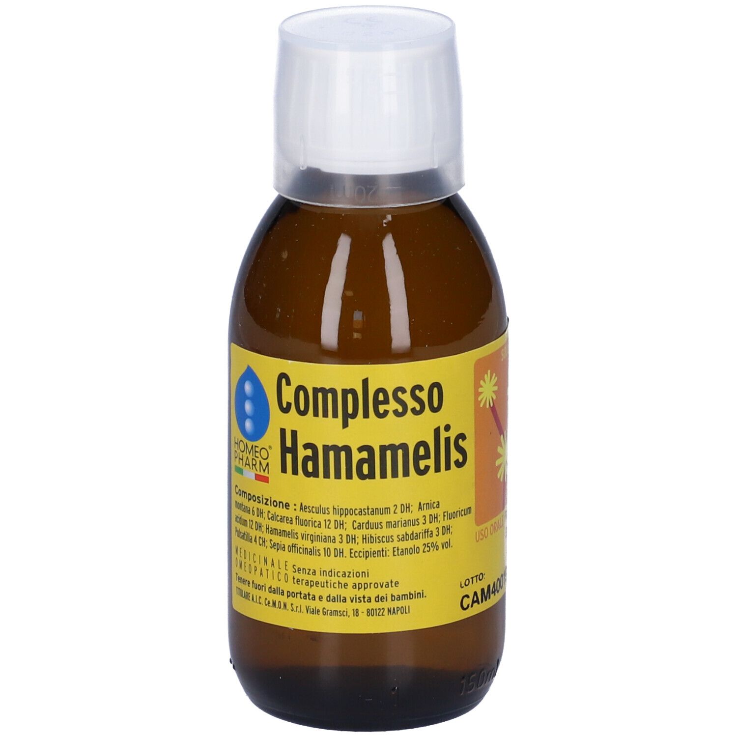 Flacone di vetro marrone con tappo bianco. Scritto: Complesso Hamamelis. Medicinali omeopatici.