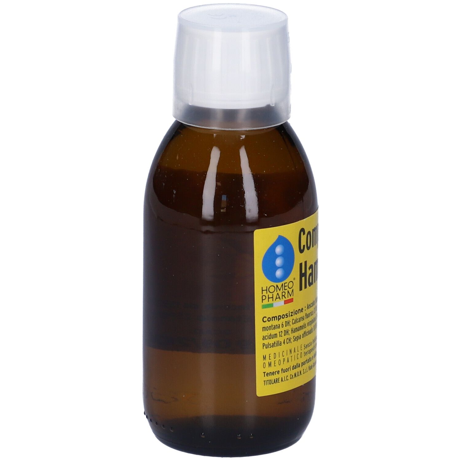 Flacone di vetro marrone con tappo bianco. Scritto: Complesso Hamamelis. Medicinali omeopatici.