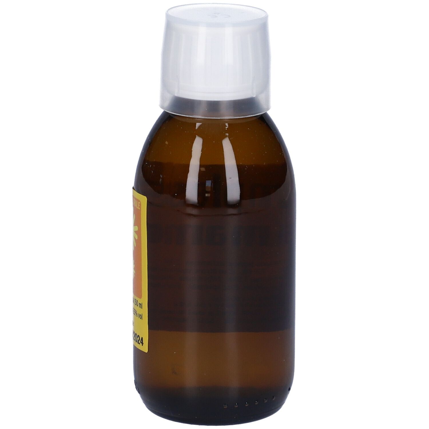 Flacone di vetro marrone con tappo bianco. Scritto: Complesso Hamamelis. Medicinali omeopatici.