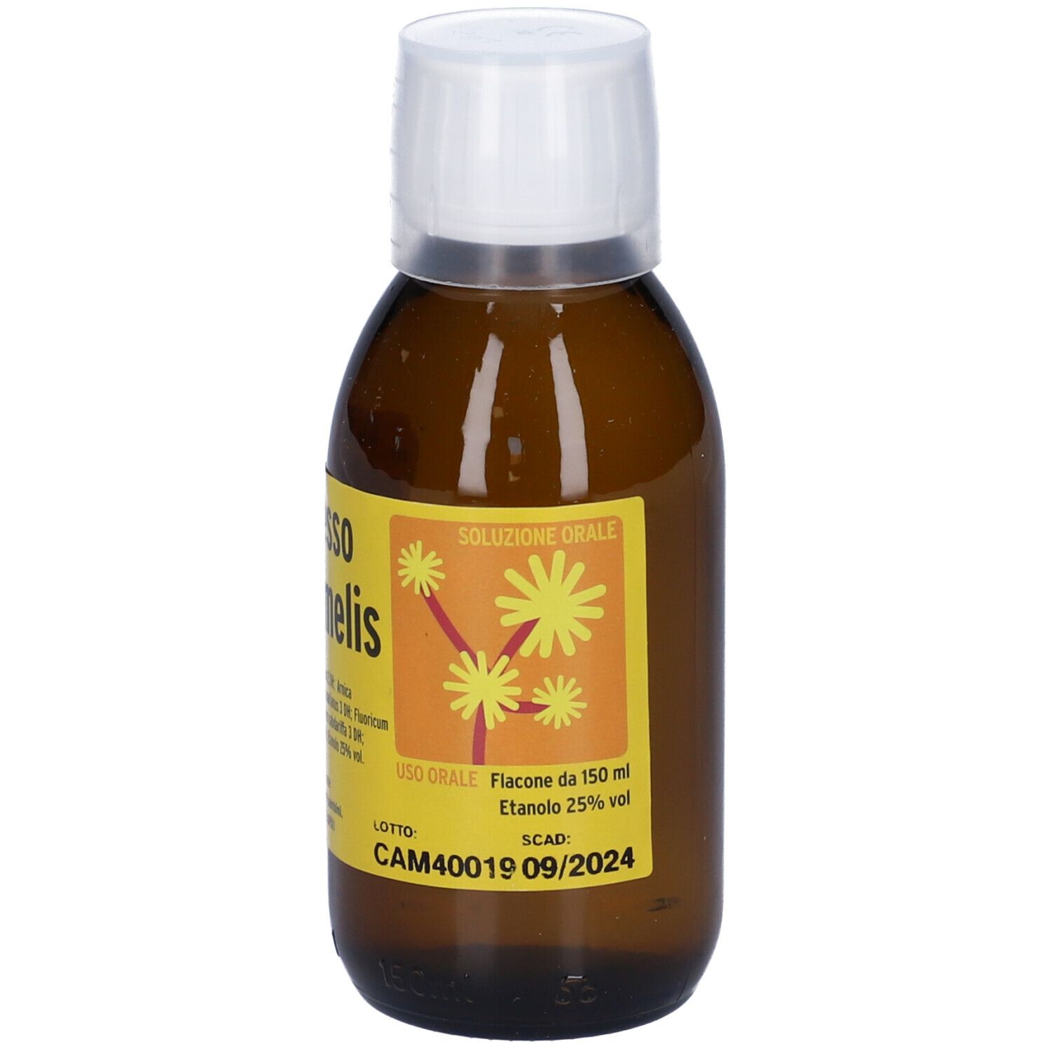 Flacone di vetro marrone con tappo bianco. Scritto: Complesso Hamamelis. Medicinali omeopatici.