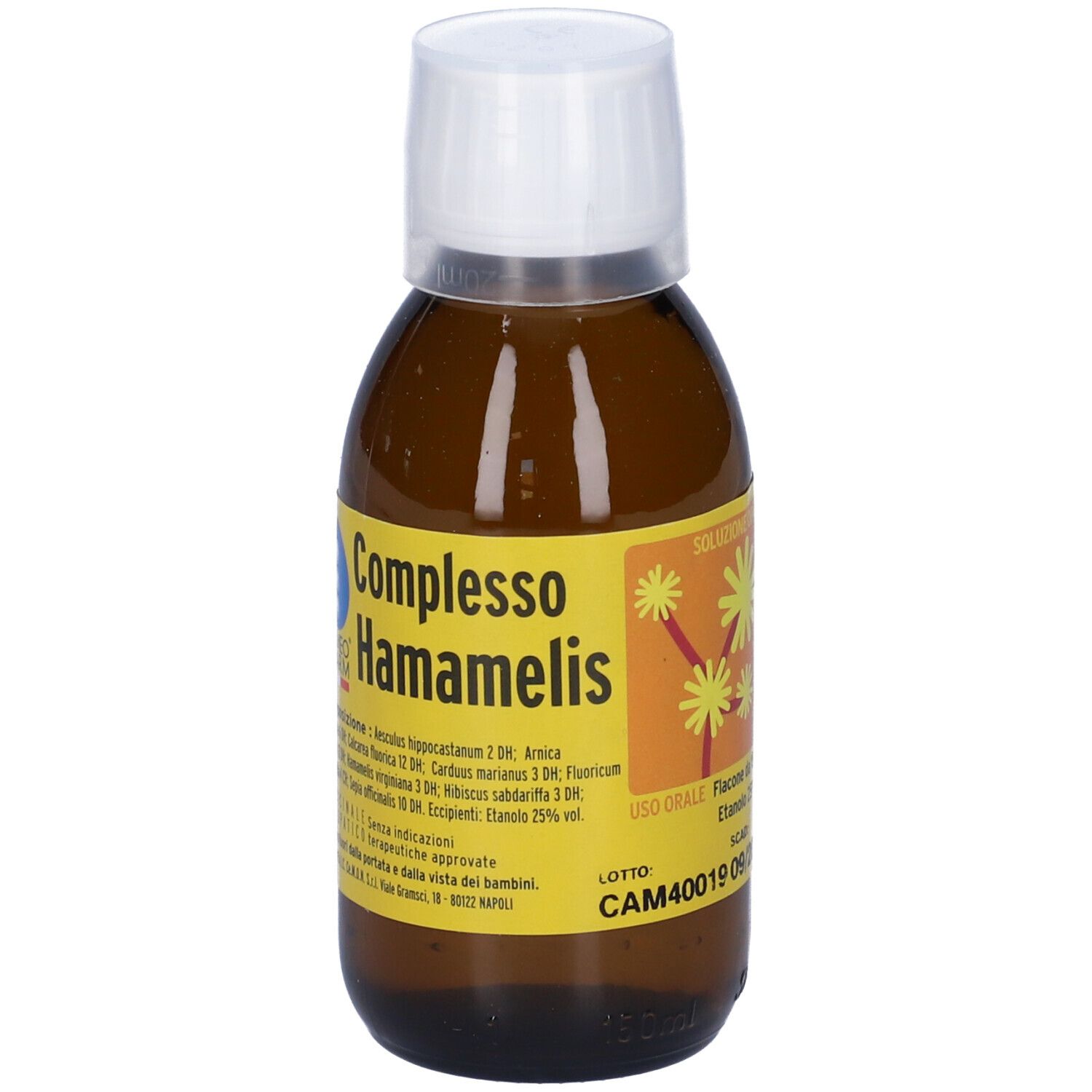Flacone di vetro marrone con tappo bianco. Scritto: Complesso Hamamelis. Medicinali omeopatici.