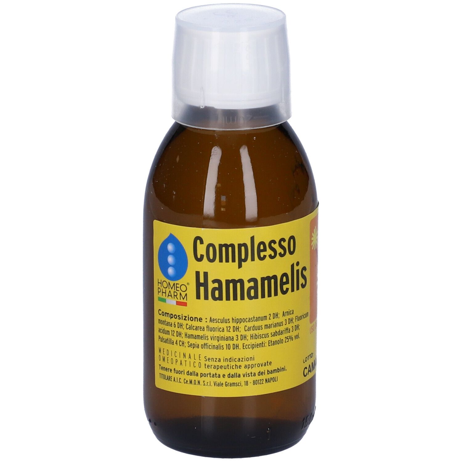 Flacone di vetro marrone con tappo bianco. Scritto: Complesso Hamamelis. Medicinali omeopatici.