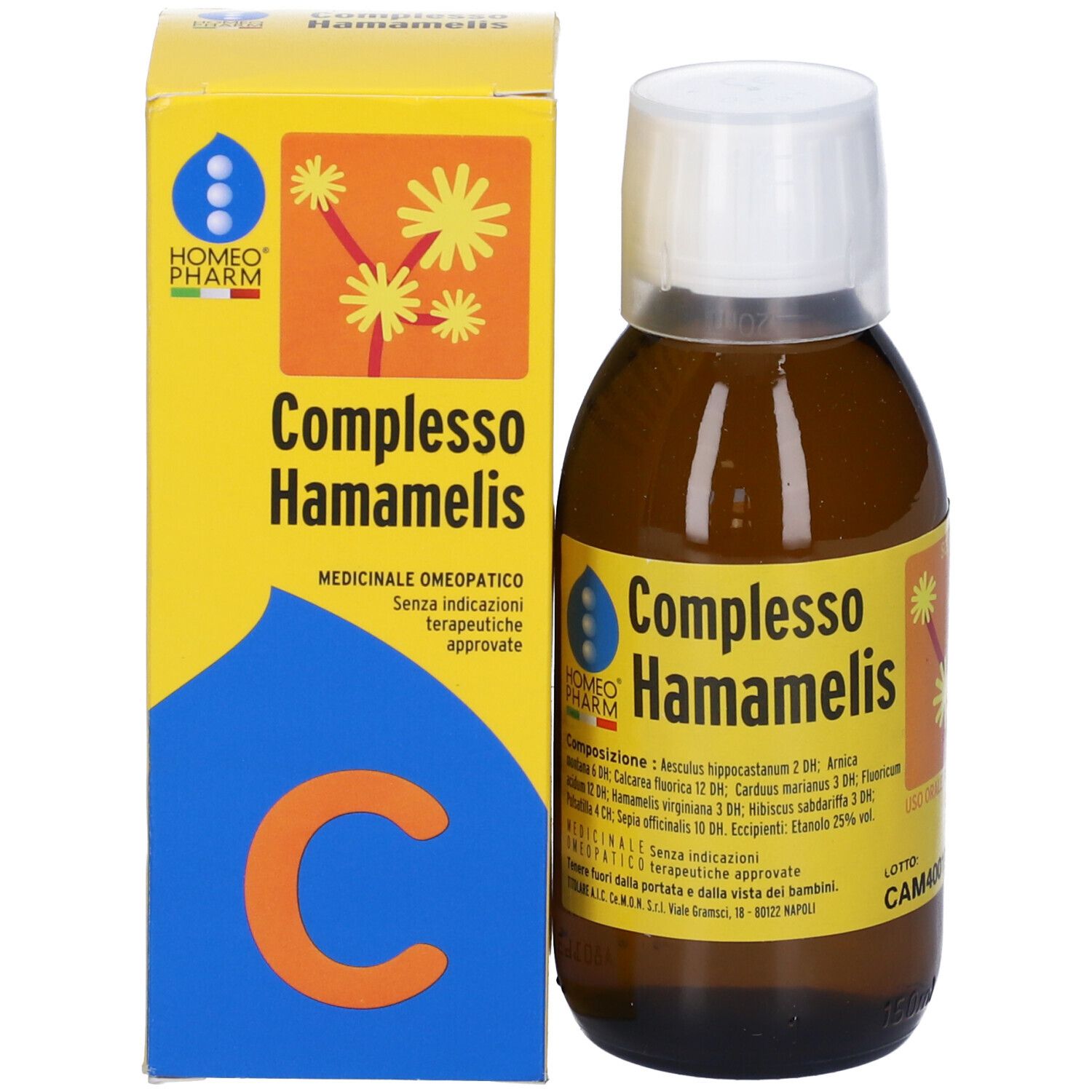 Flacone di vetro marrone e scatola gialla. Scritto: Complesso Hamamelis. Medicinali omeopatici.