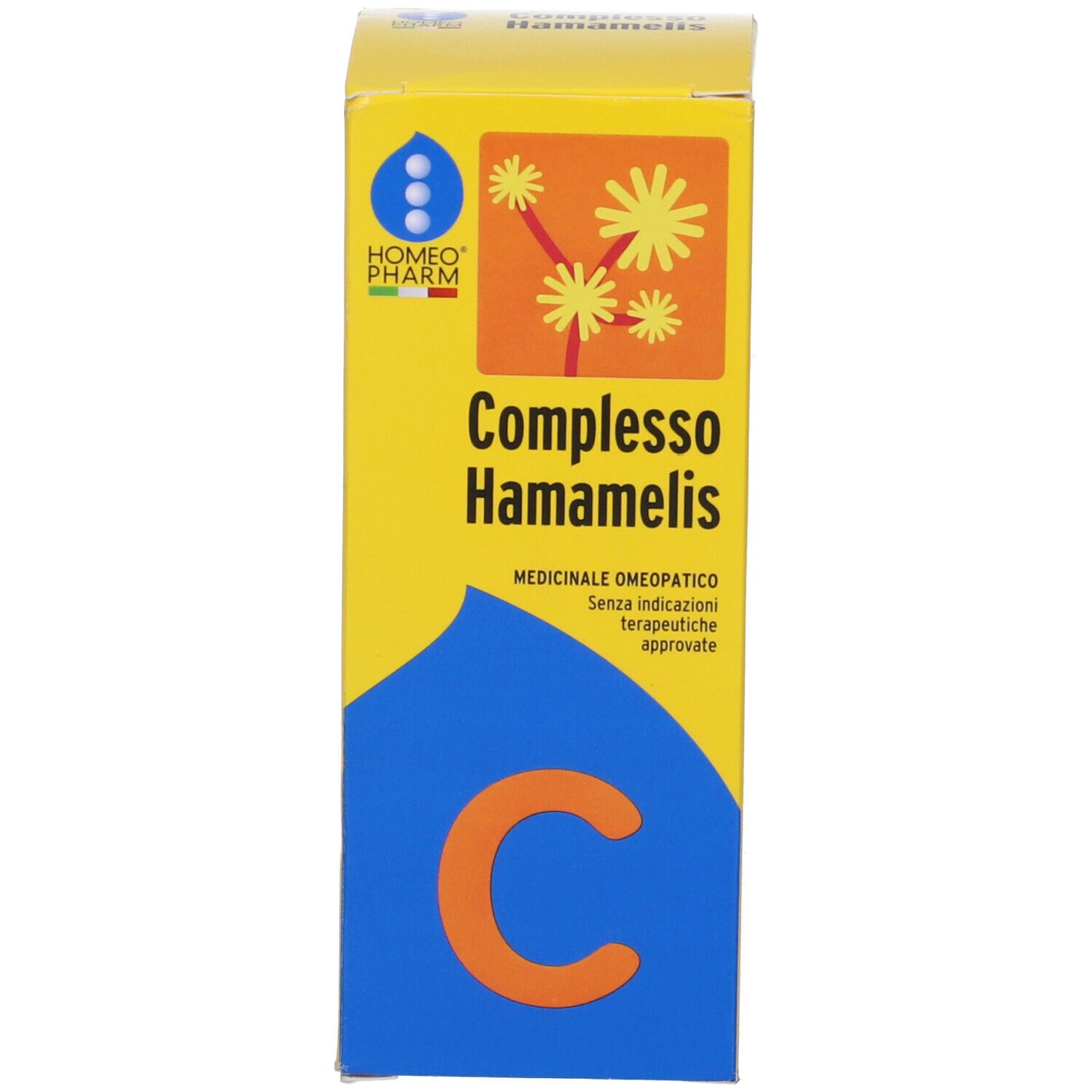 Scatola gialla con scritta: Complesso Hamamelis. Medicinali omeopatici.