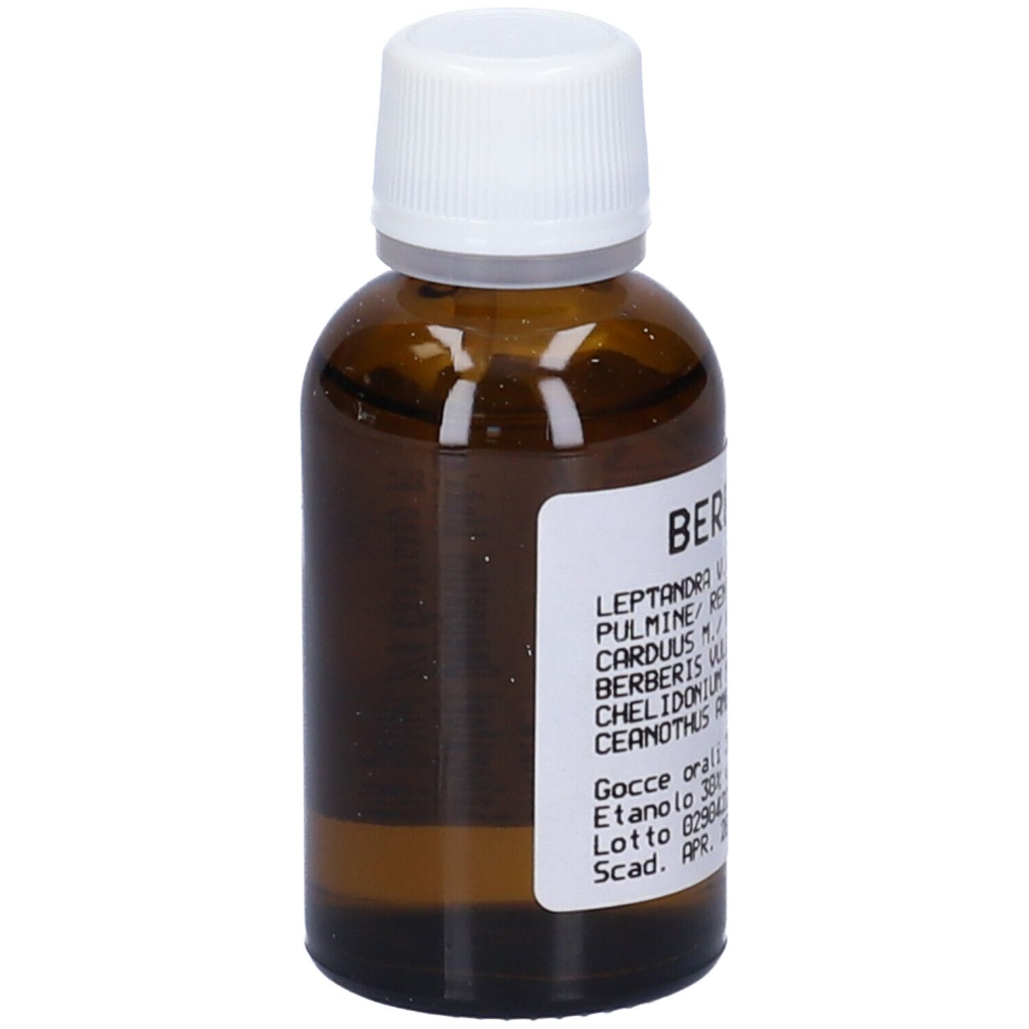Flacone di vetro marrone con tappo bianco ed etichetta. L'etichetta riporta "Berbelin" e altre informazioni.