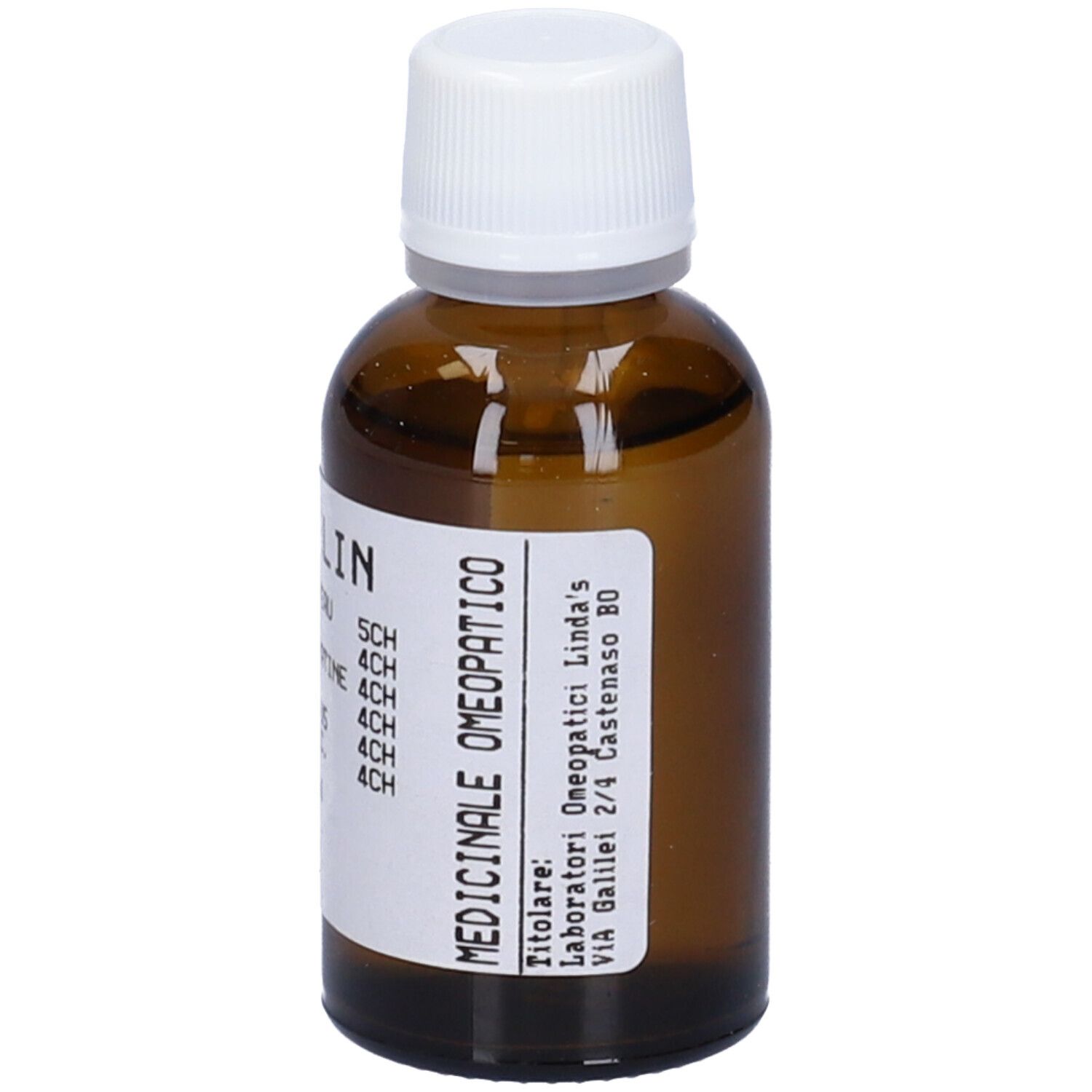 Flacone di vetro marrone con tappo bianco ed etichetta. L'etichetta riporta "Medicinale Omeopatico".