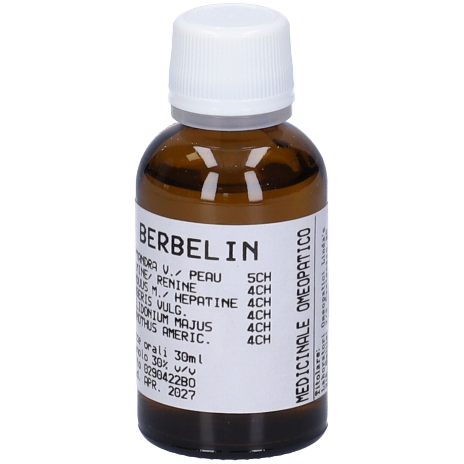 Flacone di vetro marrone con tappo bianco ed etichetta. L'etichetta riporta "Berbelin" e altre informazioni.