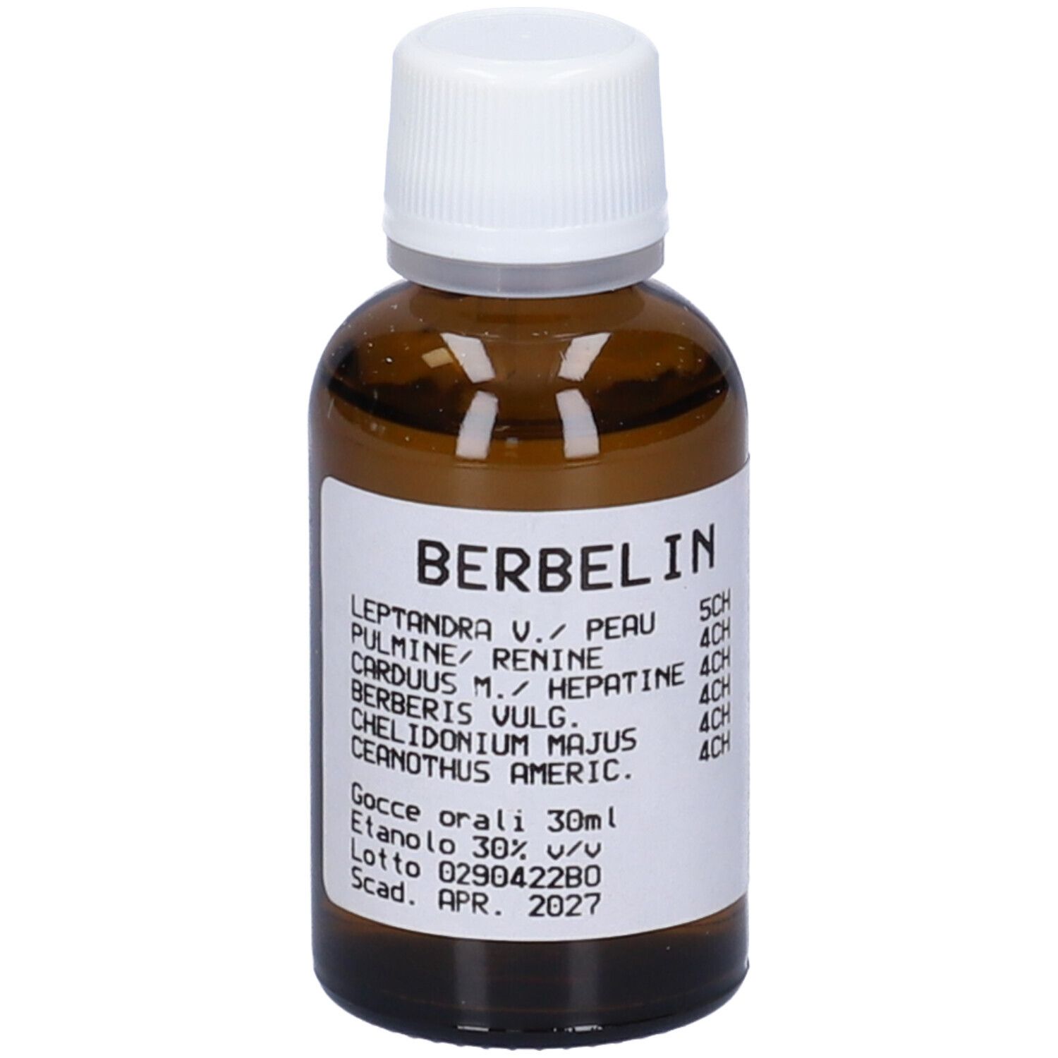 Flacone di vetro marrone con tappo bianco ed etichetta. L'etichetta riporta "Berbelin" e altre informazioni.