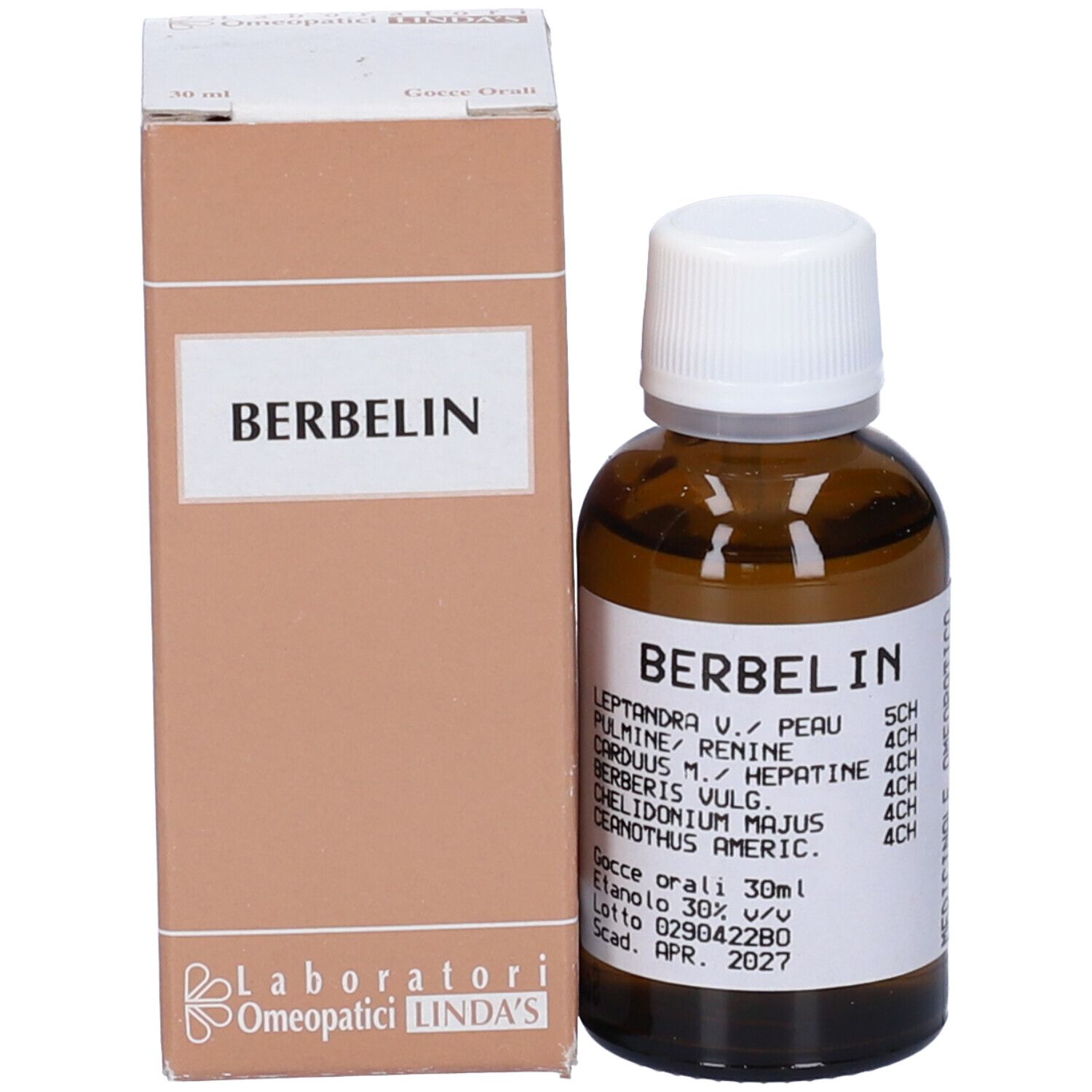Flacone di vetro marrone con tappo bianco e scatola. "Berbelin" è scritto sulla scatola e sul flacone.