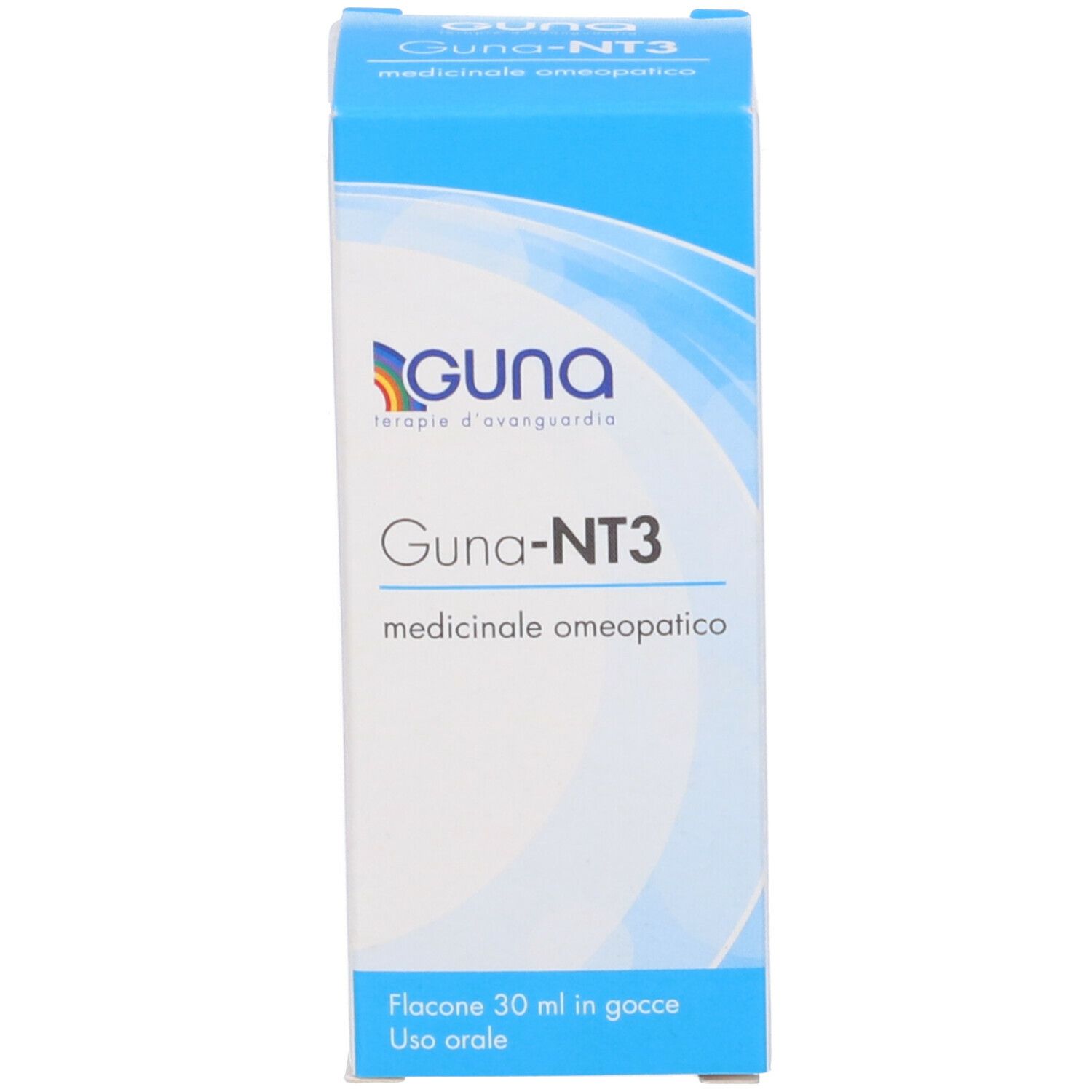 Confezione blu e bianca. Guna-NT3. Gocce medicinali. Flacone 30 ml.