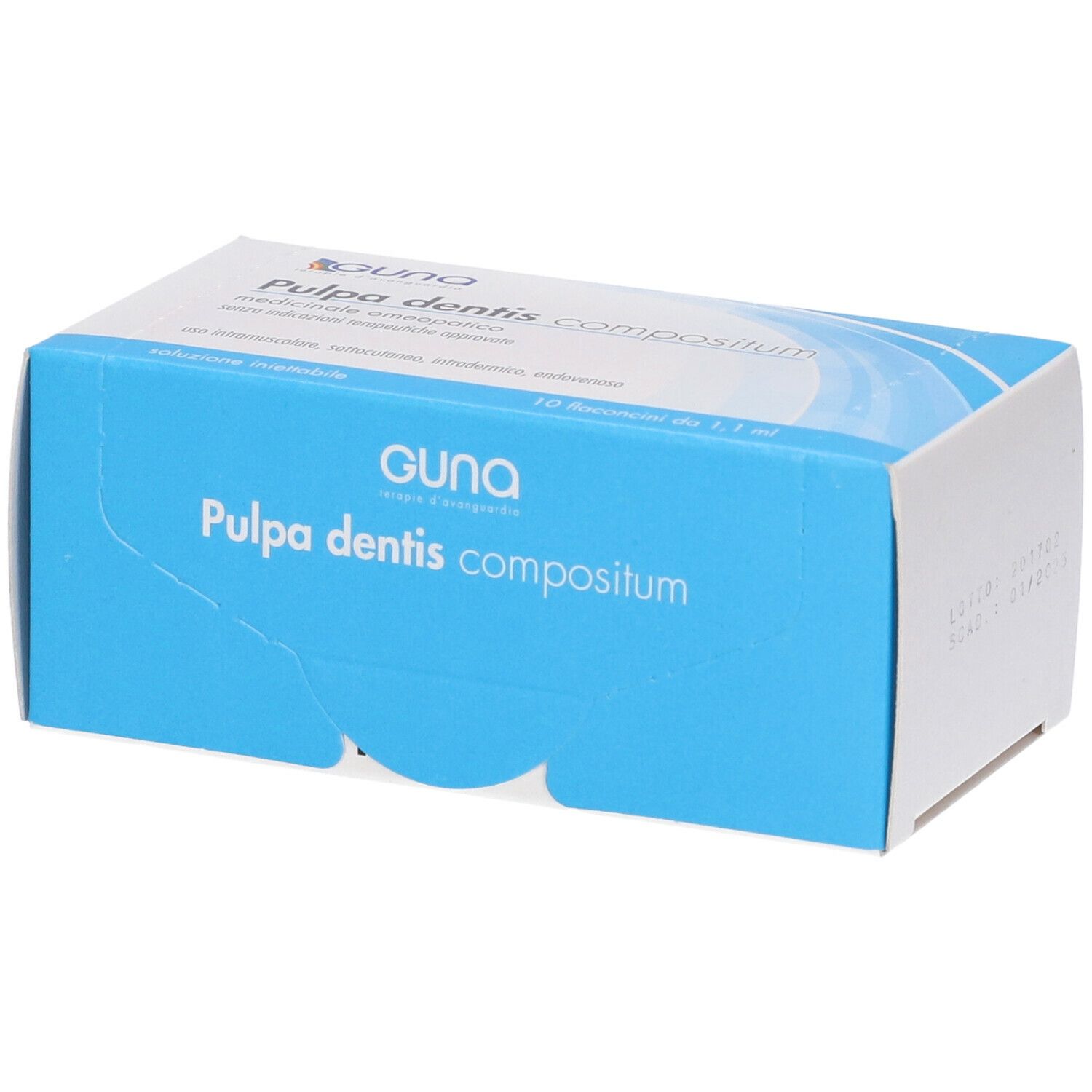 Guna Pulpa Dentis Compositum, scatola blu. Nome del prodotto e logo sul fronte.