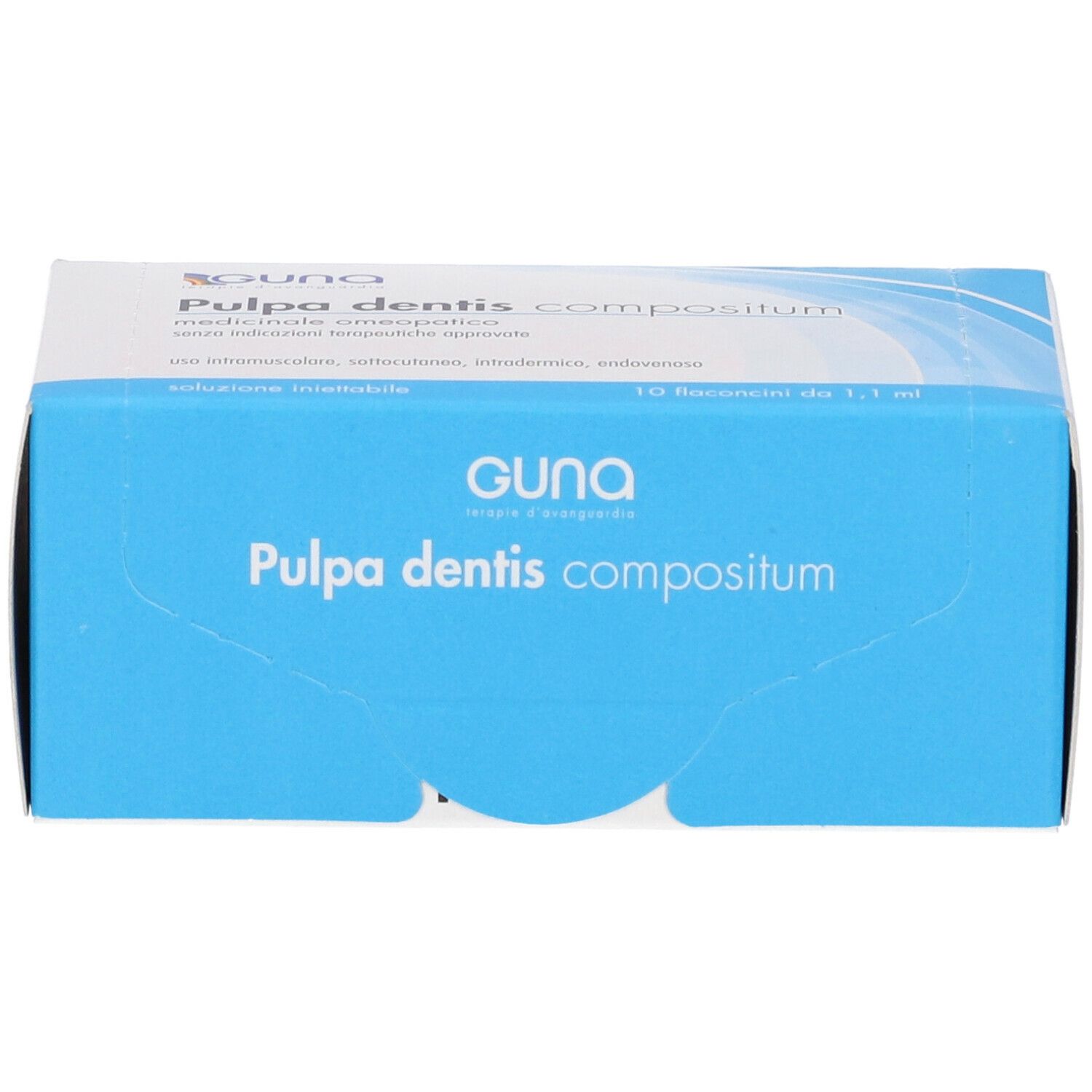 Guna Pulpa Dentis Compositum, scatola blu. Fronte con nome del prodotto e logo.