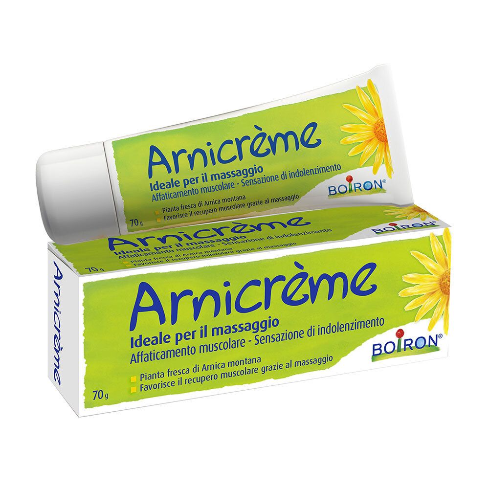 Tube und Schachtel mit Produktname Arnicrème. Grün-weißes Design mit gelber Blume. Marke BOIRON.