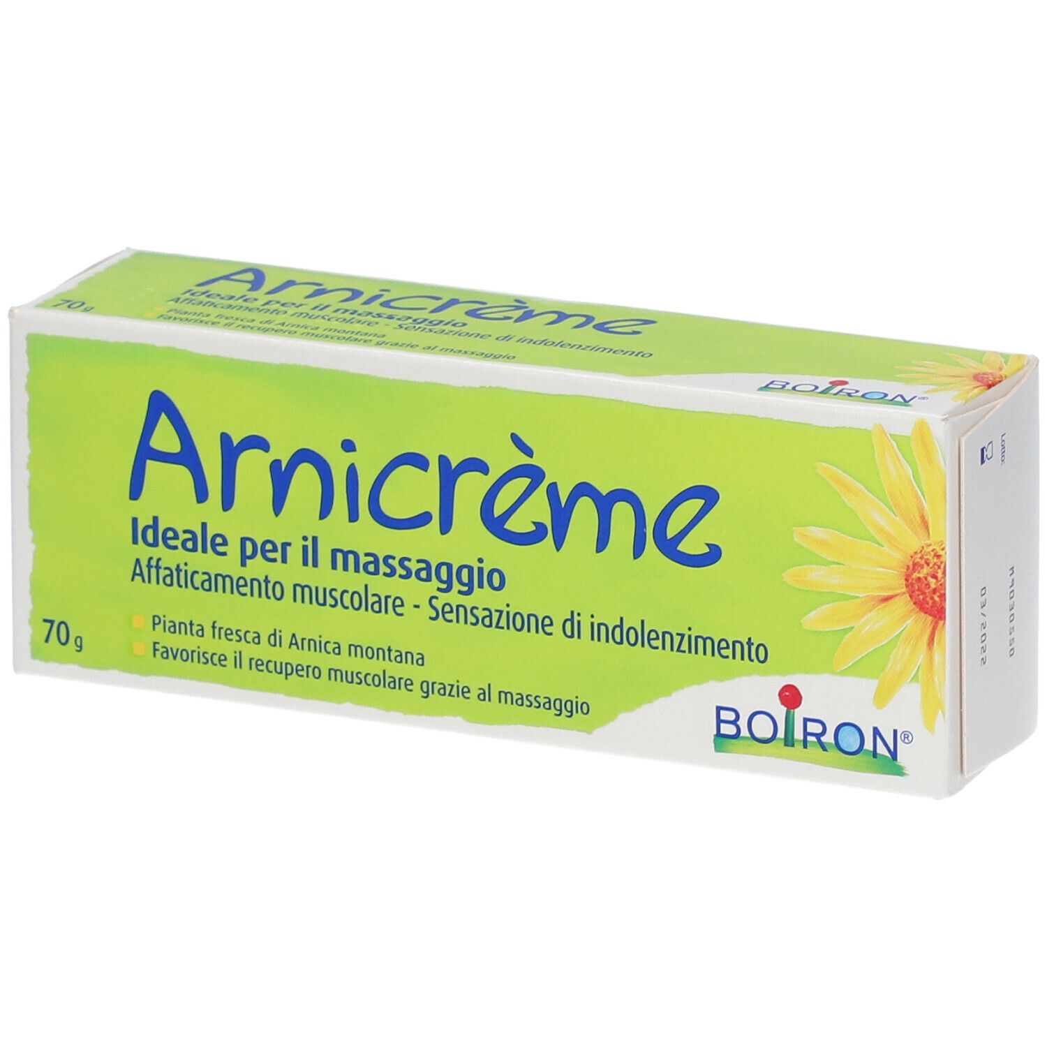 Schachtel Arnicrème. Grün-weißes Design mit gelber Blume. Marke BOIRON. Produktname und Text.