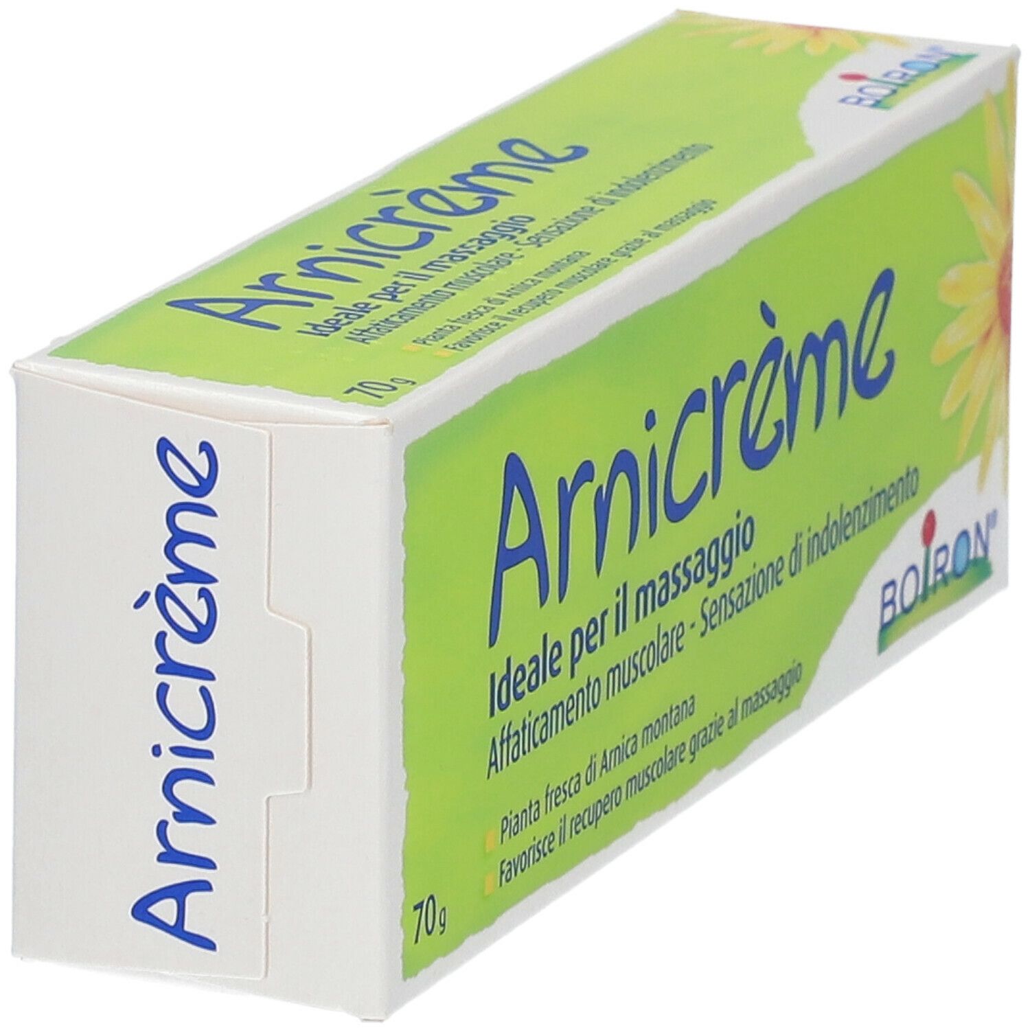 Schachtel Arnicrème. Grün-weißes Design mit gelber Blume. Marke BOIRON. Produktname und Text.