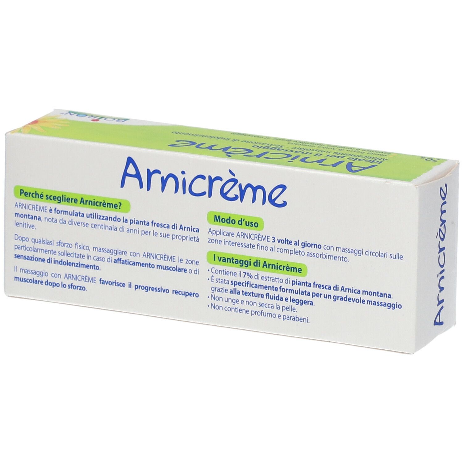 Schachtel Arnicrème. Grün-weißes Design mit gelber Blume. Marke BOIRON. Produktname und Text.