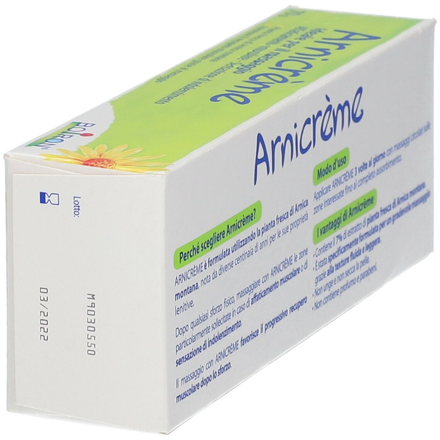Schachtel Arnicrème. Grün-weißes Design mit gelber Blume. Marke BOIRON. Produktname und Text.