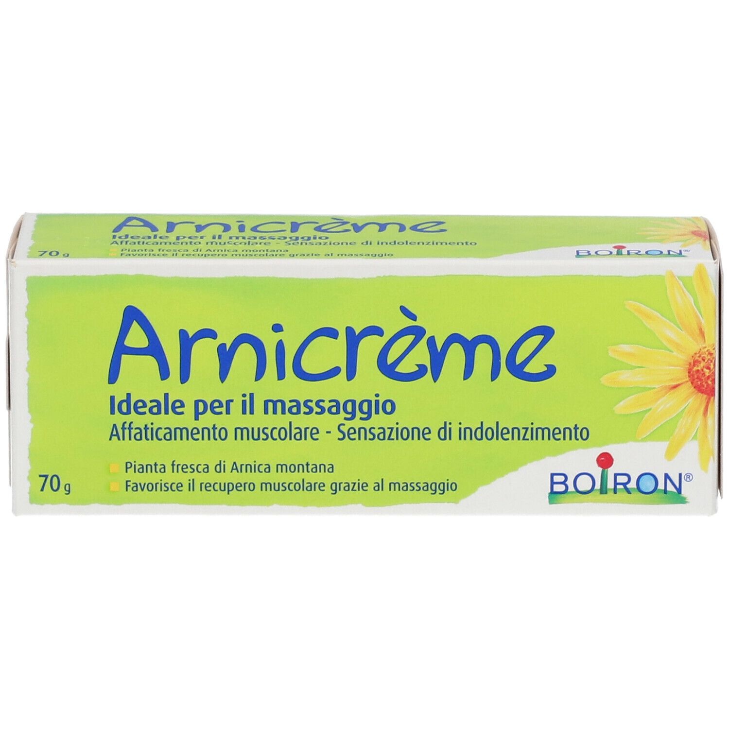 Schachtel Arnicrème. Grün-weißes Design mit gelber Blume. Marke BOIRON. Produktname und Text.