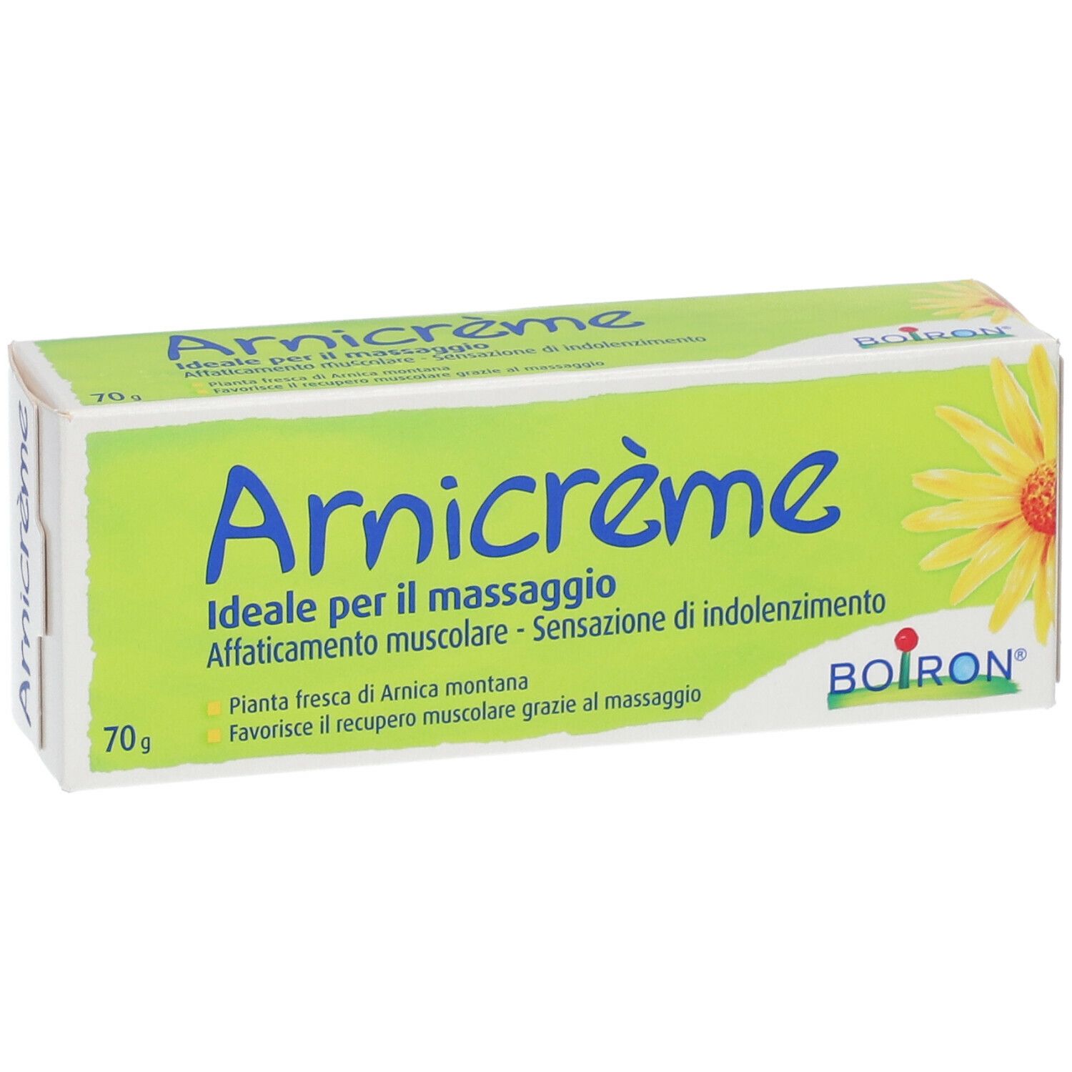 Schachtel Arnicrème. Grün-weißes Design mit gelber Blume. Marke BOIRON. Produktname und Text.