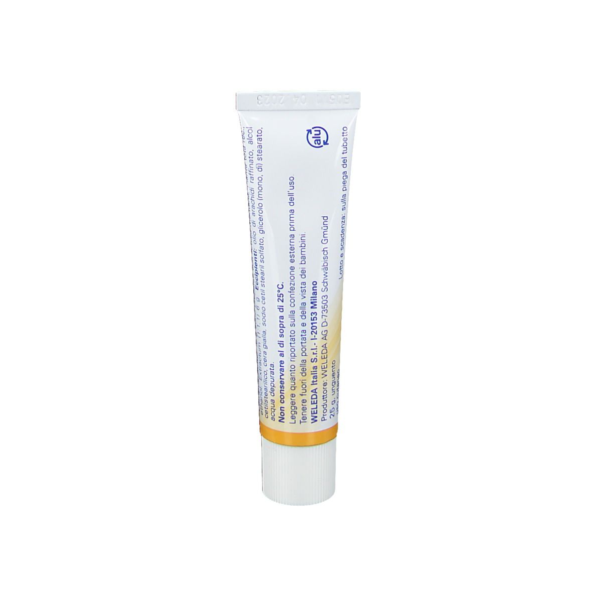 Retro del tubo WELEDA Arnica PT 30% Unguento. Testo in italiano. Sfondo bianco.
