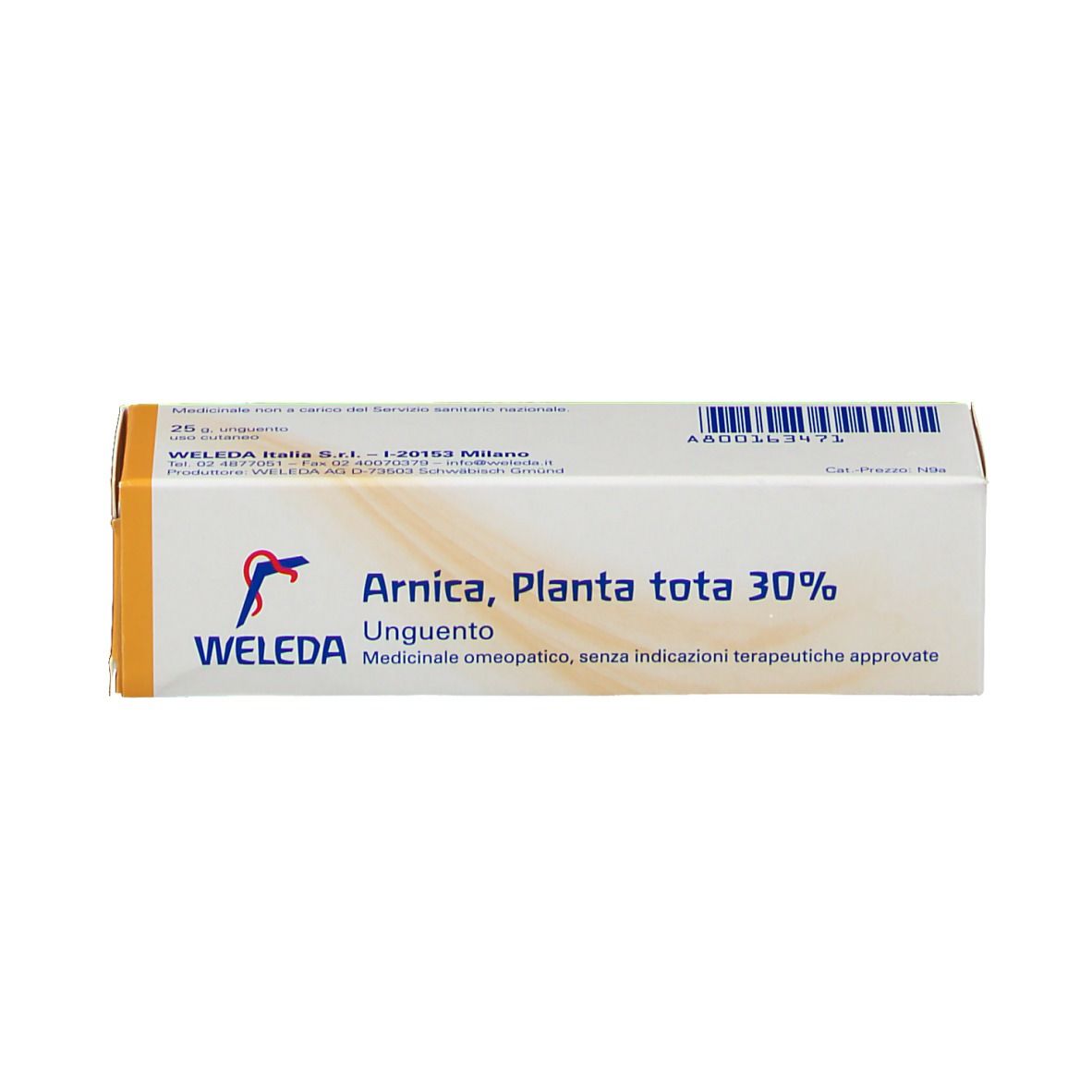 Scatola di WELEDA Arnica PT 30% Unguento. Bianco, giallo e arancione. Nome e logo visibili.