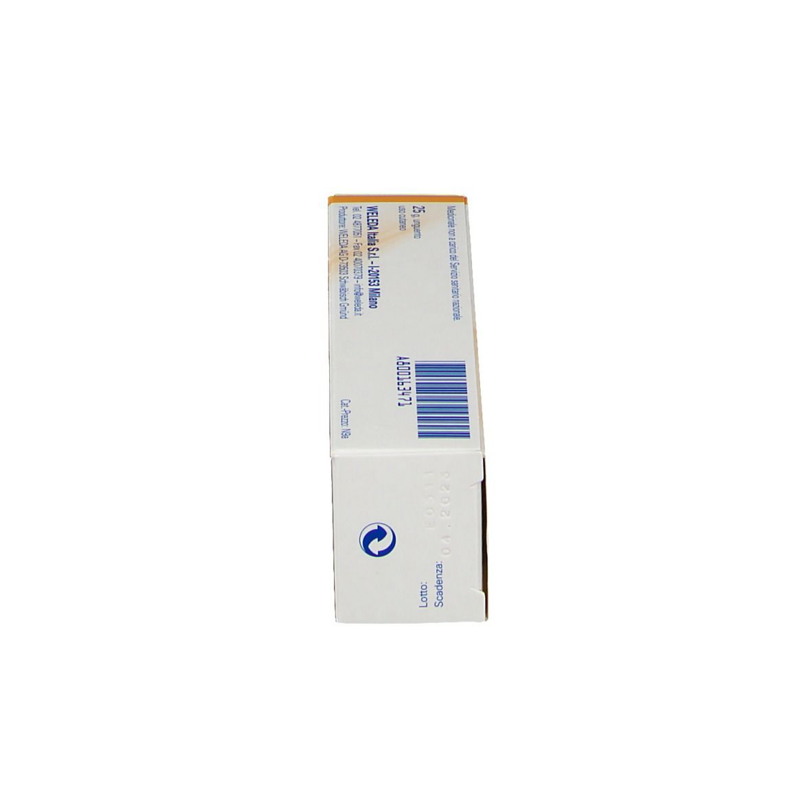Lato della scatola WELEDA Arnica PT 30% Unguento. Testo e codice a barre. Bianco, giallo e arancione.