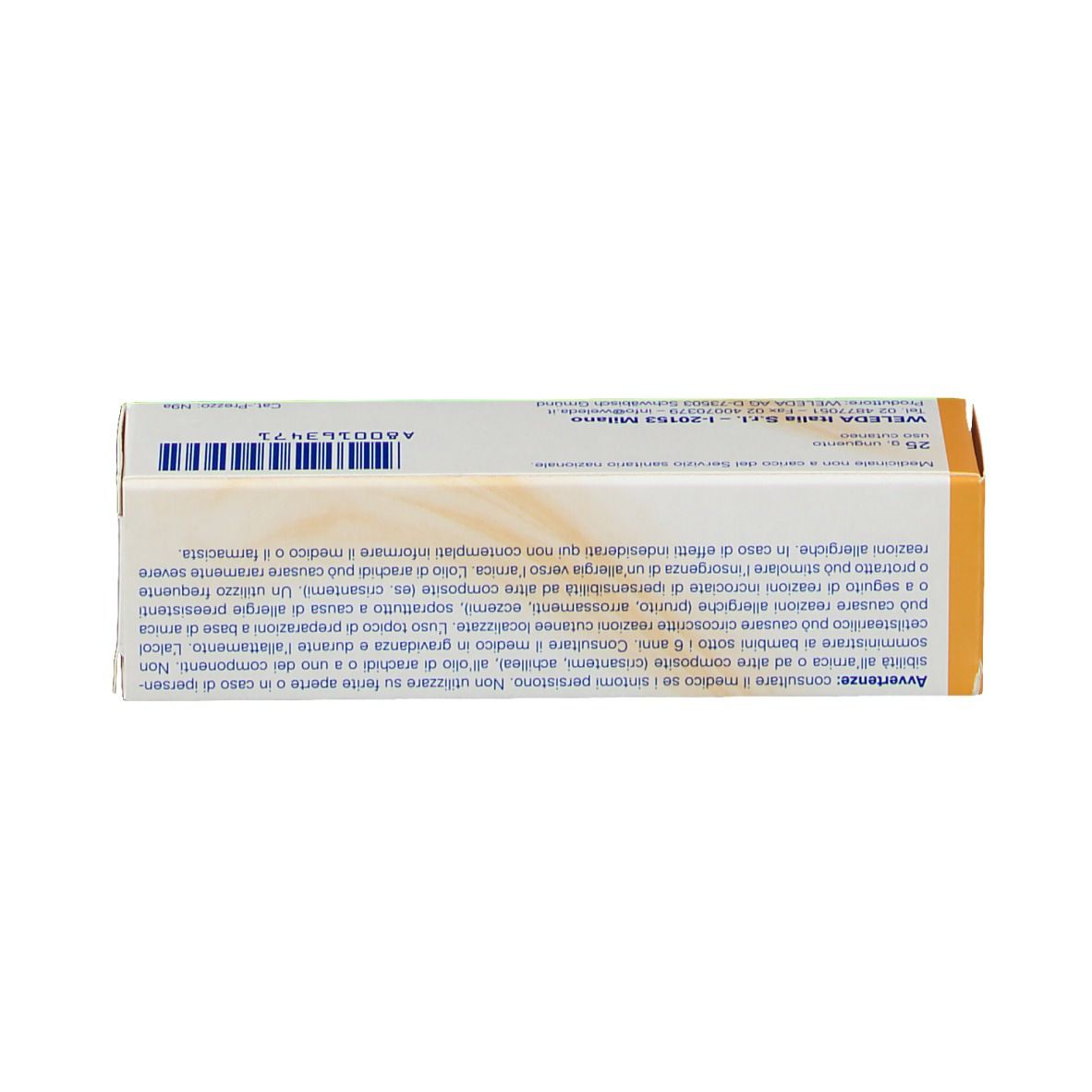 Parte superiore della scatola WELEDA Arnica PT 30% Unguento. Testo in italiano. Bianco, giallo e arancione.