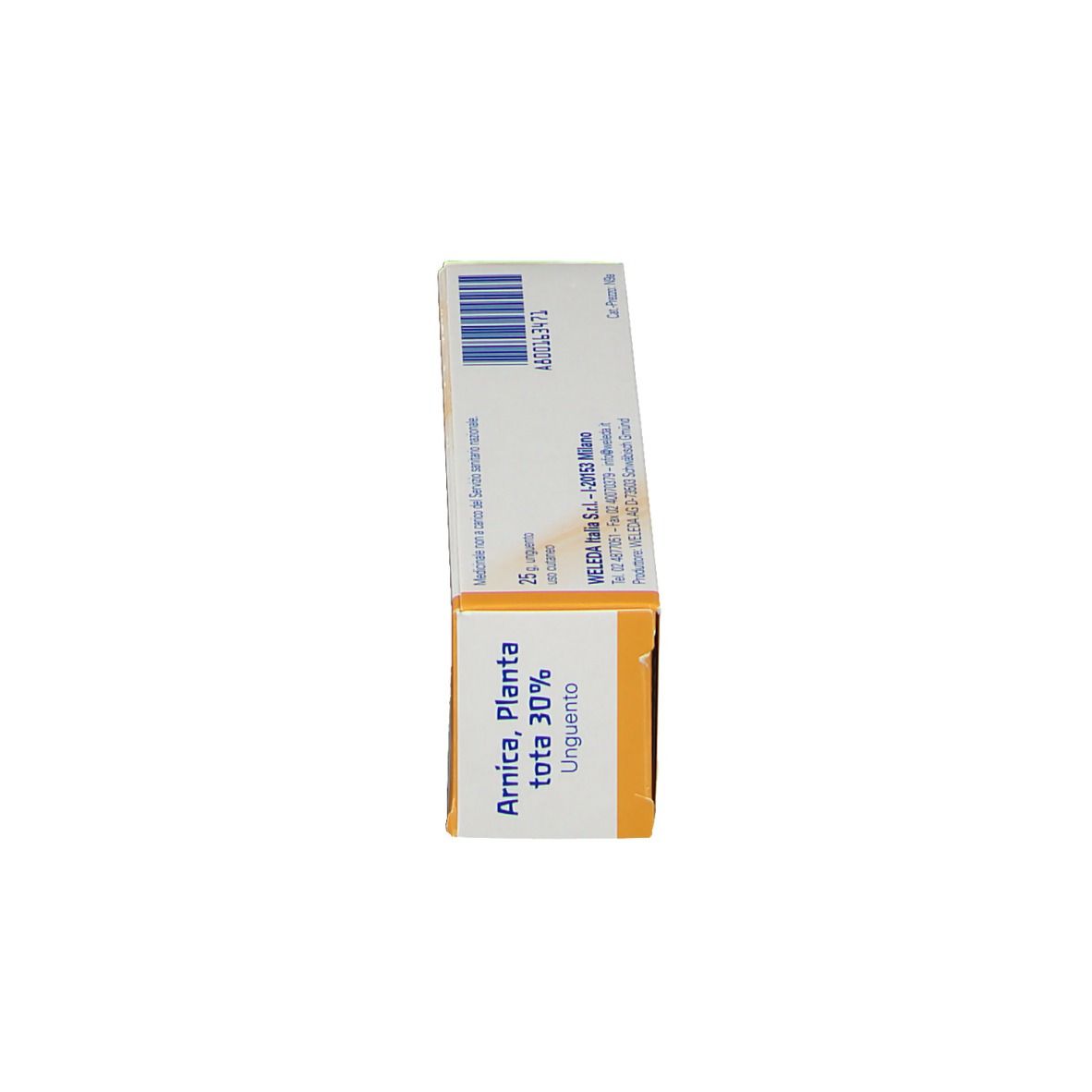 Lato della scatola WELEDA Arnica PT 30% Unguento. Nome e logo visibili. Bianco, giallo e arancione.