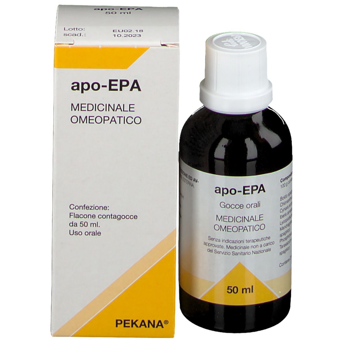 Flacone e scatola. Scritte: apo-EPA, Gocce Orali, 50 ml. Scatola: PEKANA, 50 ml.
