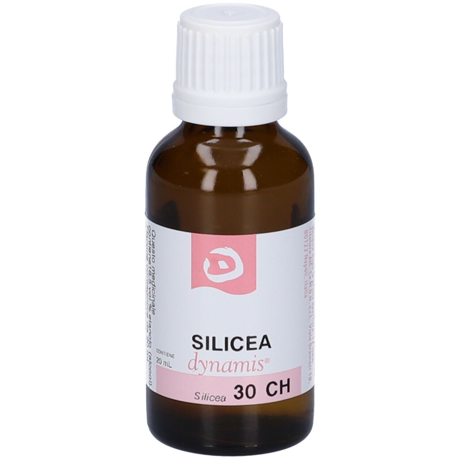 Flacone in vetro marrone con tappo bianco. Etichetta: Silicea dynamis 30 CH.