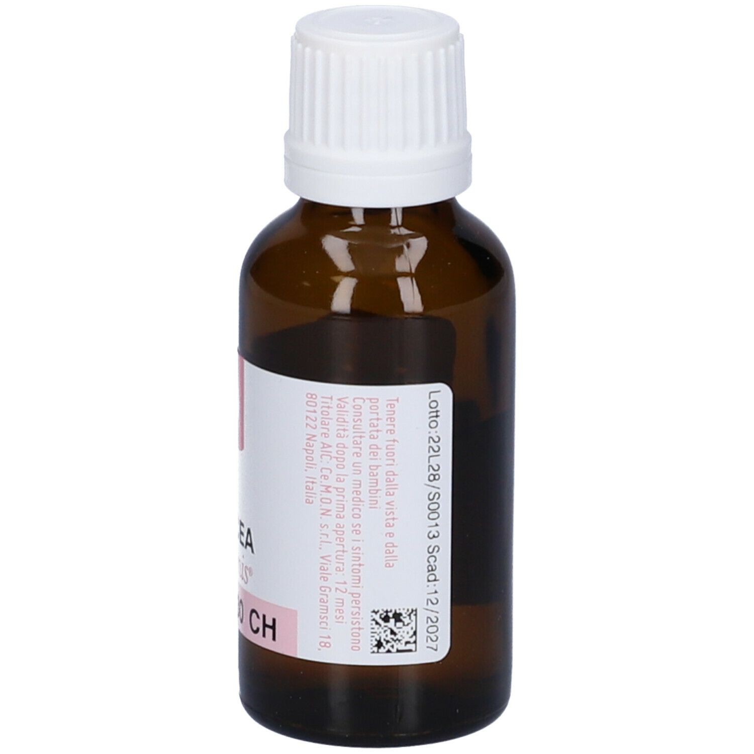Flacone in vetro marrone con tappo bianco. Etichetta: Silicea dynamis 30 CH.