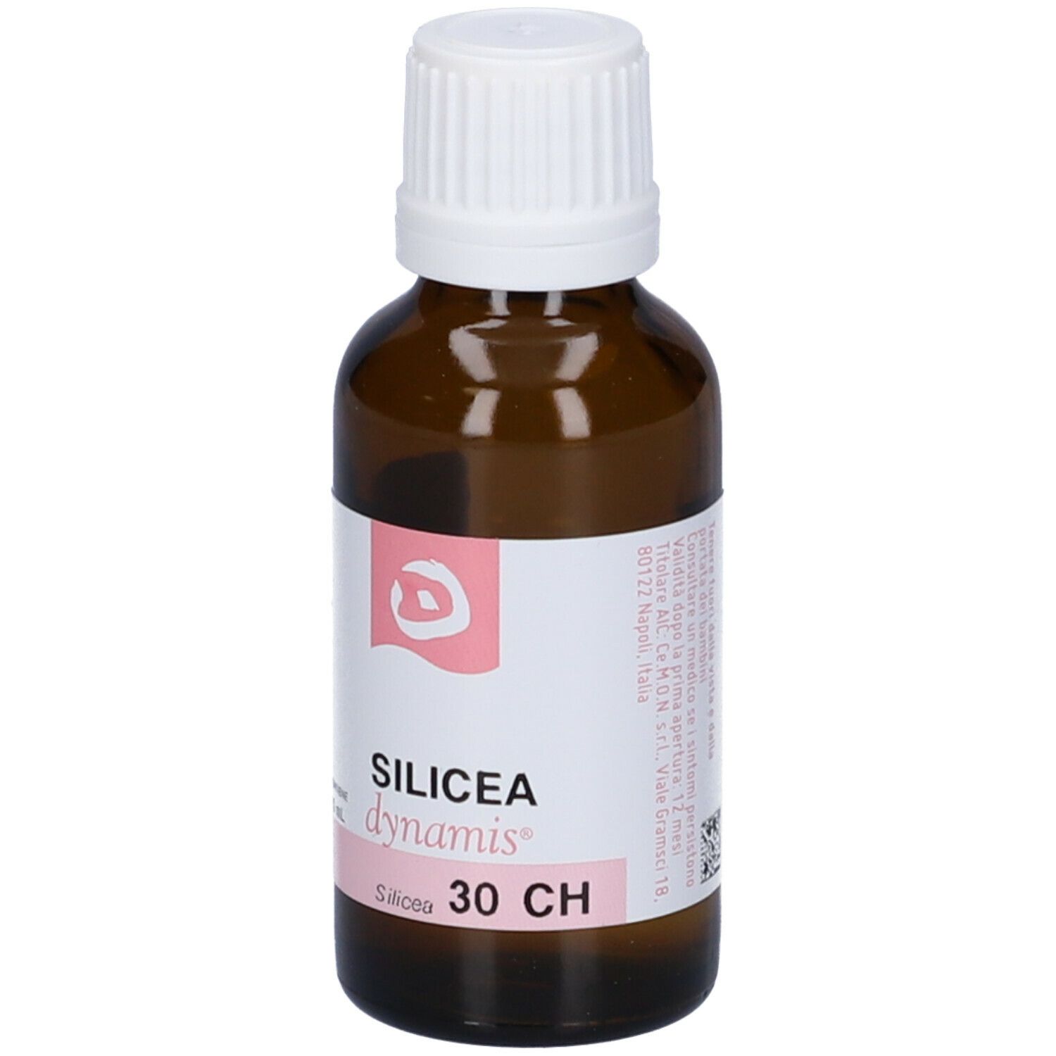 Flacone in vetro marrone con tappo bianco. Etichetta: Silicea dynamis 30 CH.