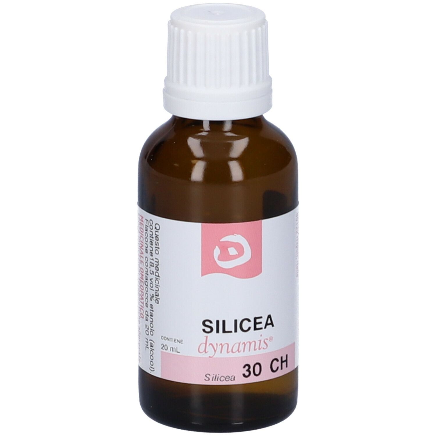 Flacone in vetro marrone con tappo bianco. Etichetta: Silicea dynamis 30 CH.