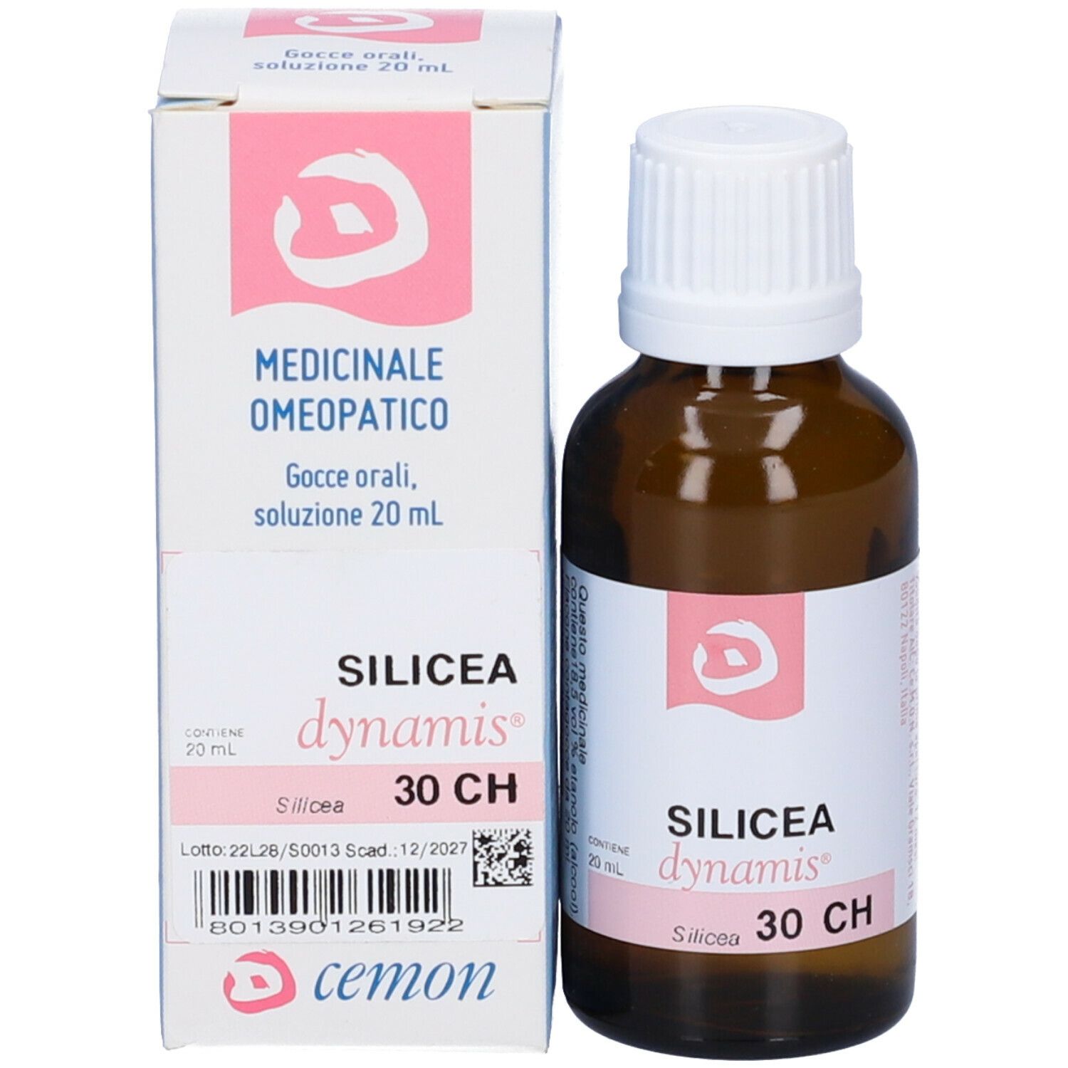Confezione del prodotto con flacone. Scritta: Medicinale Omeopatico, Silicea dynamis 30 CH.