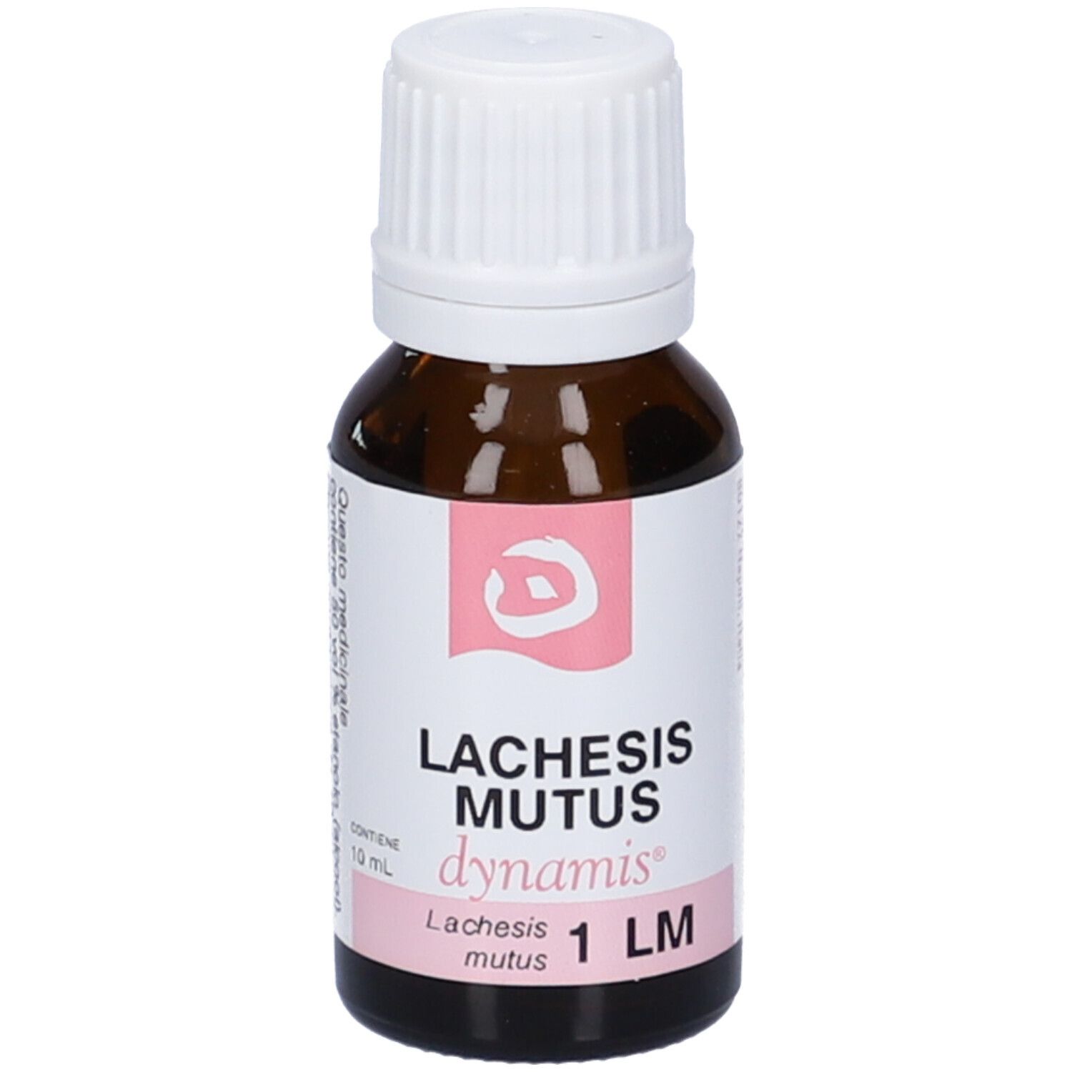 Flacone in vetro marrone con tappo bianco. Etichetta rosa con testo: Lachesis mutus, dynamis, 1 LM.