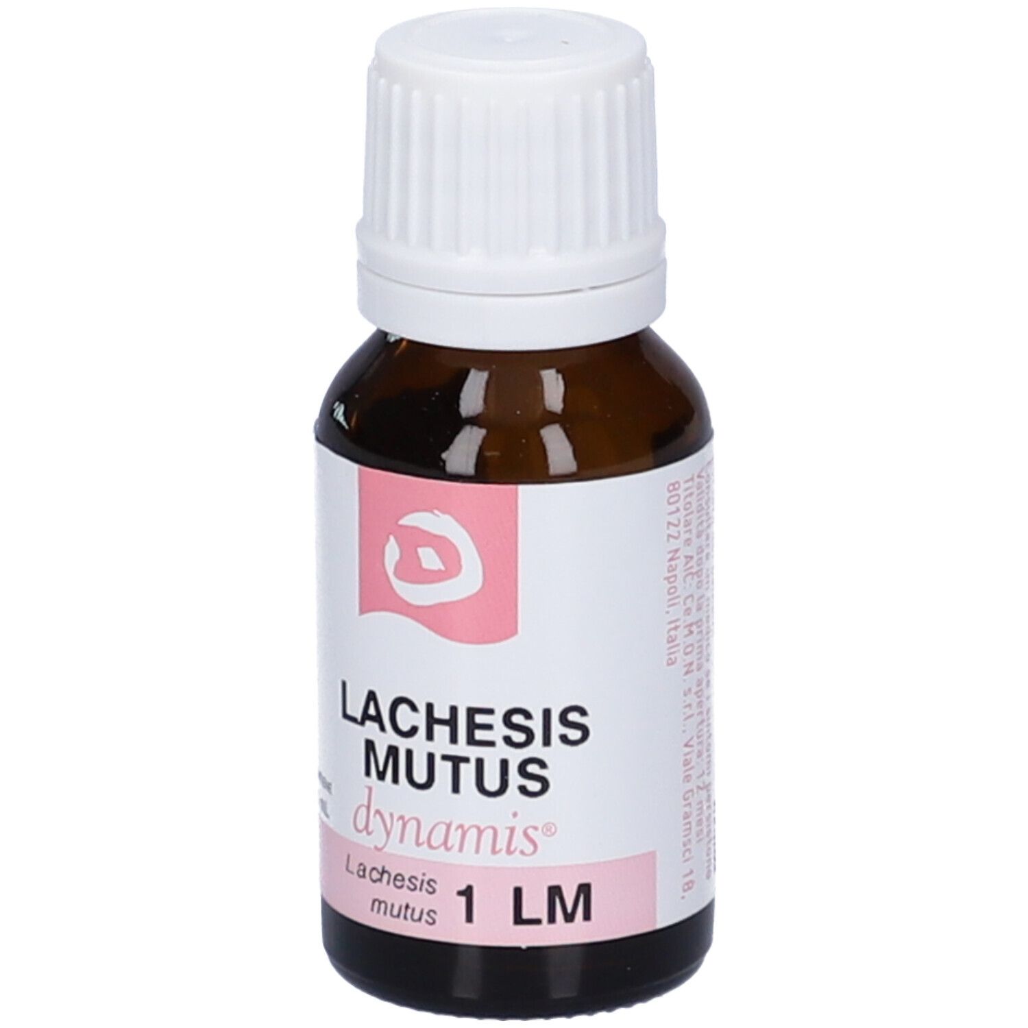 Flacone in vetro marrone con tappo bianco. Etichetta rosa con testo: Lachesis mutus, dynamis, 1 LM.