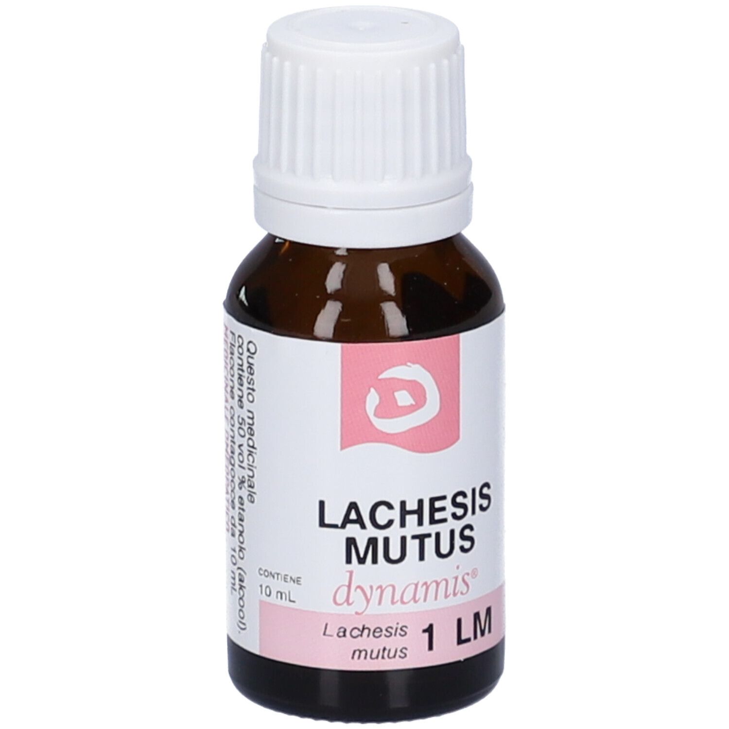 Flacone in vetro marrone con tappo bianco. Etichetta rosa con testo e informazioni.