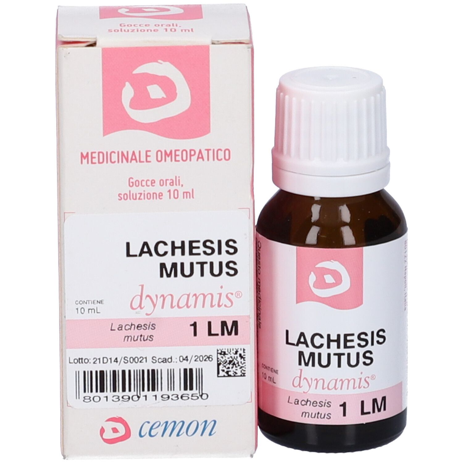 Flacone in vetro marrone e scatola. Scatola con testo: Lachesis mutus, dynamis, 1 LM.