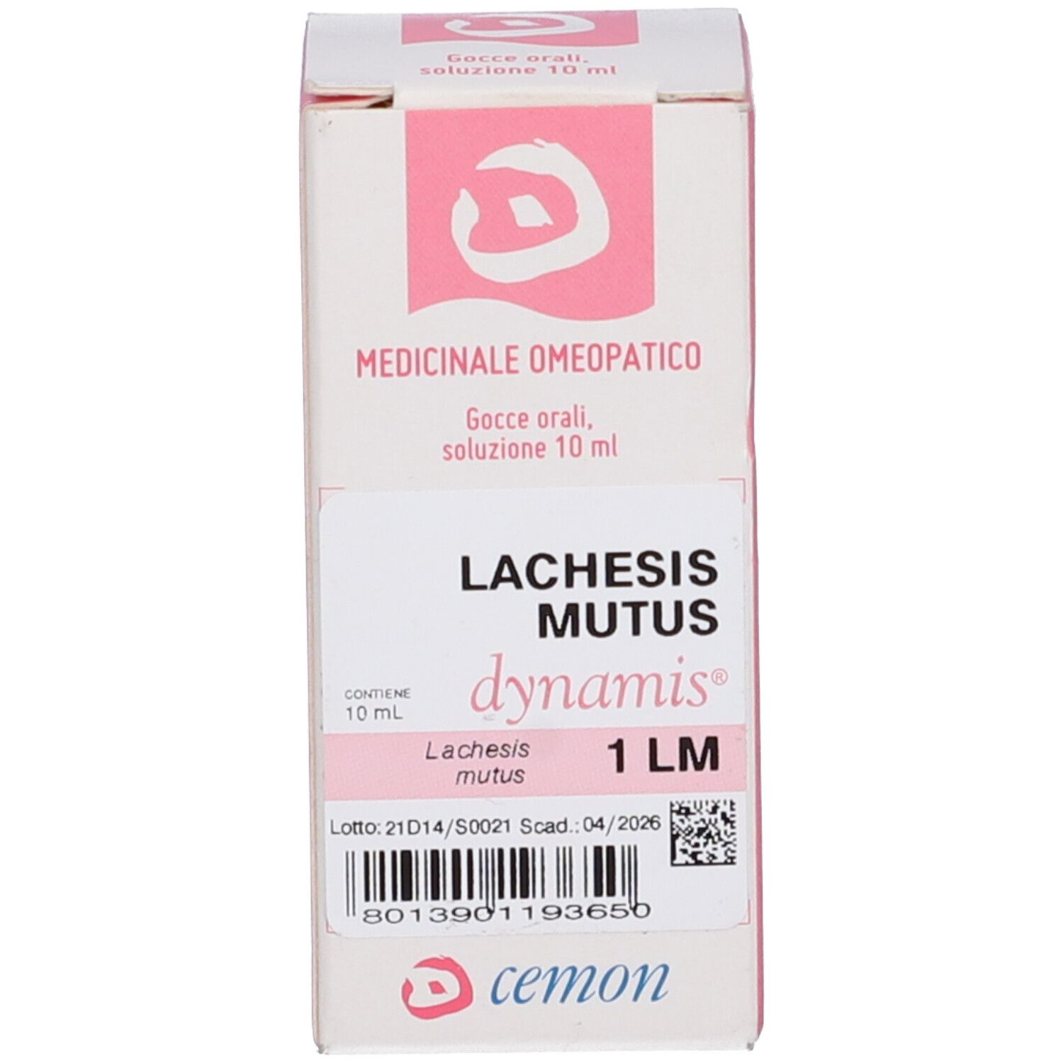 Scatola con testo: Lachesis mutus, dynamis, 1 LM. Logo cemon.