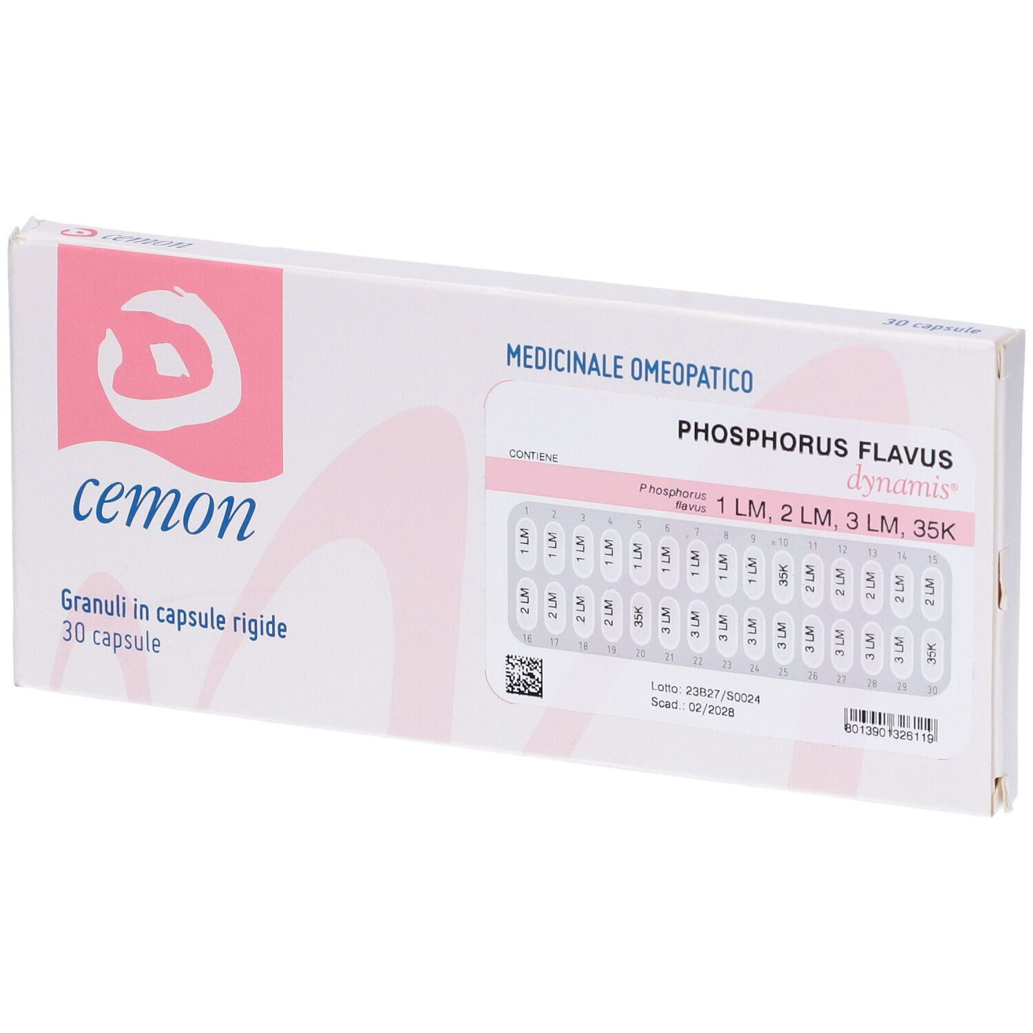 Scatola bianca con logo rosa e scritta cemon. Contiene compresse. Scritta: Phosphorus Flavus dynamis.