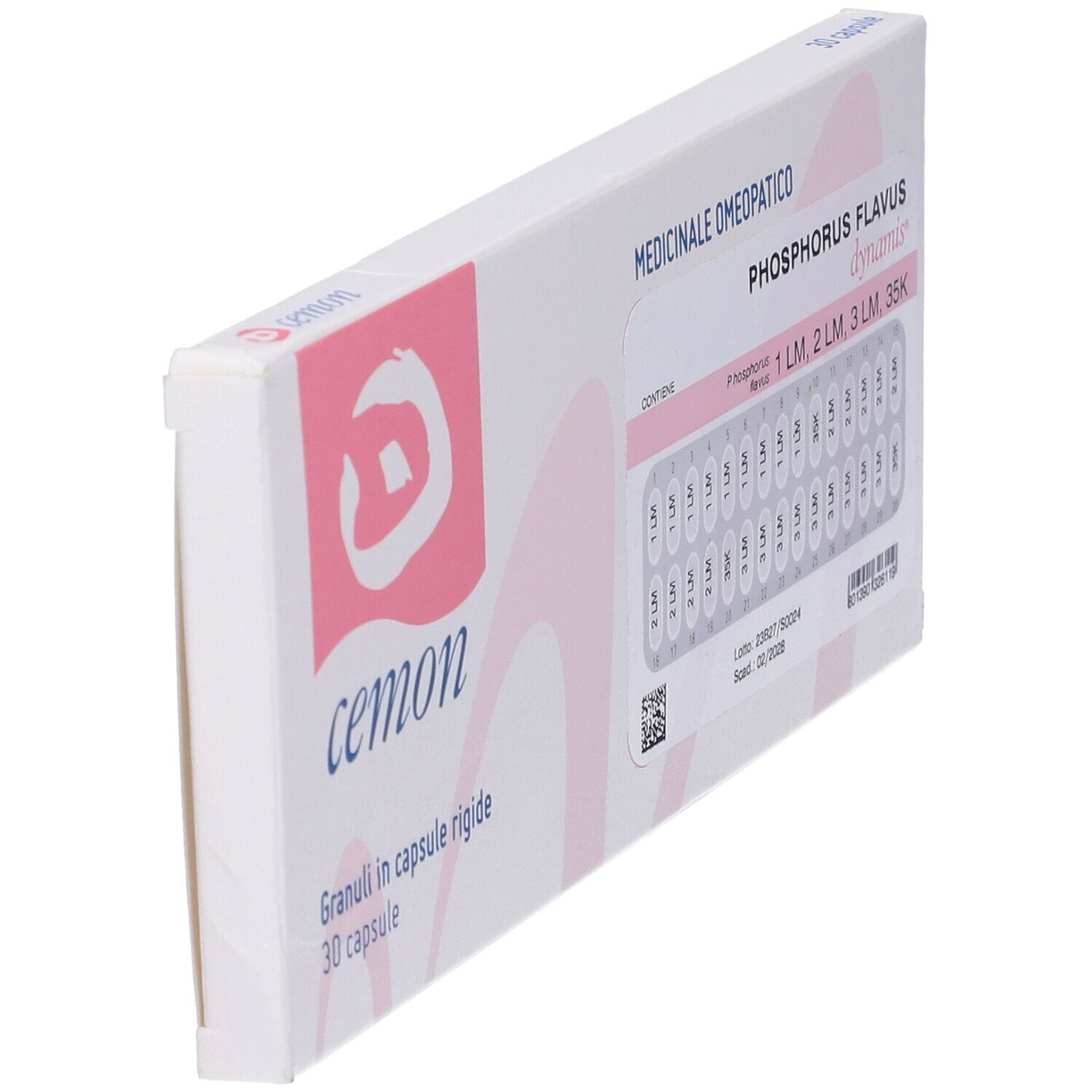 Scatola bianca con logo rosa e scritta cemon. Contiene compresse. Scritta: Phosphorus Flavus dynamis.