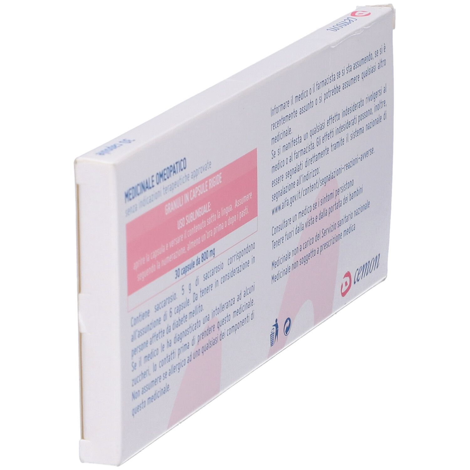 Retro di una scatola bianca con logo rosa e scritta cemon. Testo in italiano.