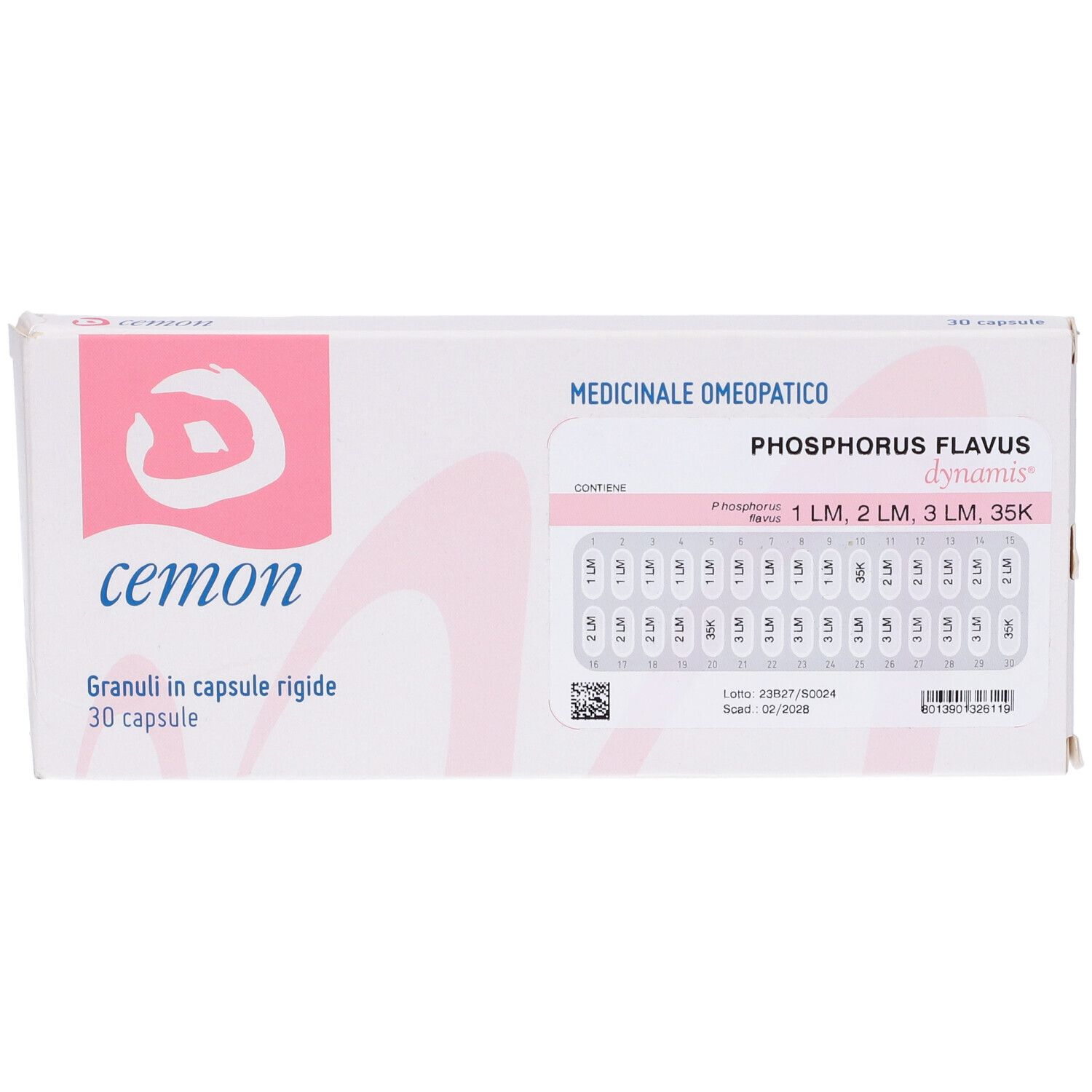 Scatola bianca con logo rosa e scritta cemon. Contiene compresse. Scritta: Phosphorus Flavus dynamis.