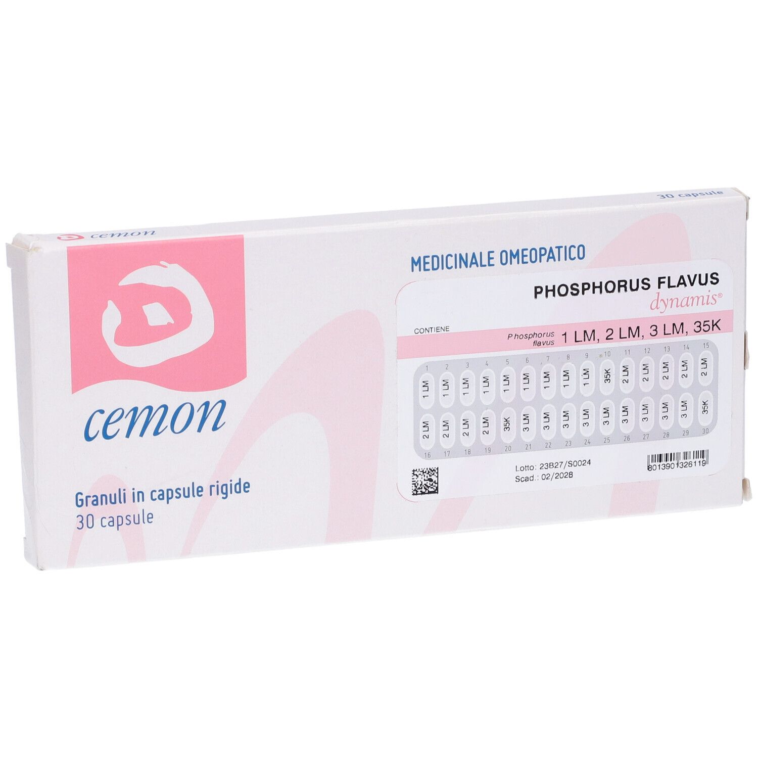Scatola bianca con logo rosa e scritta cemon. Contiene compresse. Scritta: Phosphorus Flavus dynamis.