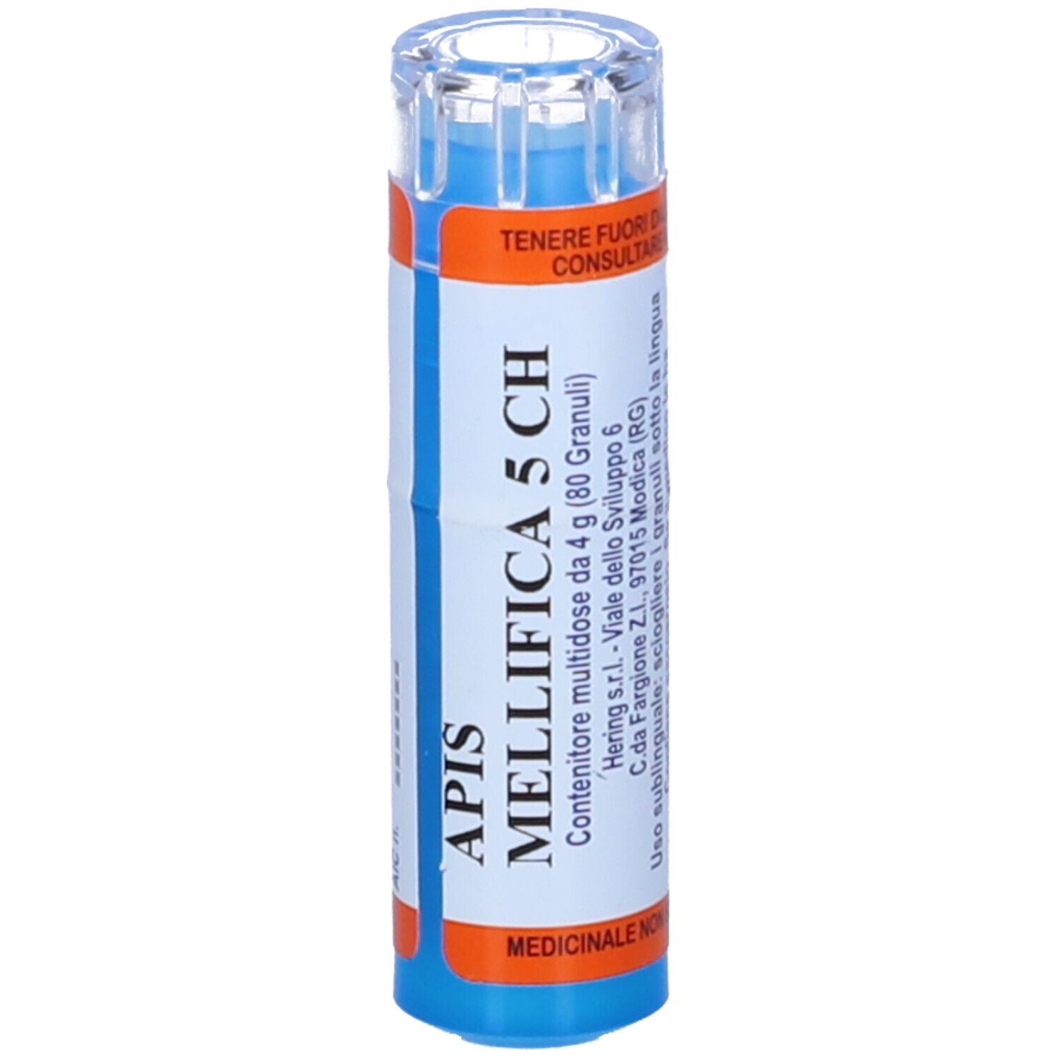 Flacone cilindrico, tappo blu. Scritta: Apis Mellifica 5 CH, 4 g Granuli. Dettagli arancioni e blu.