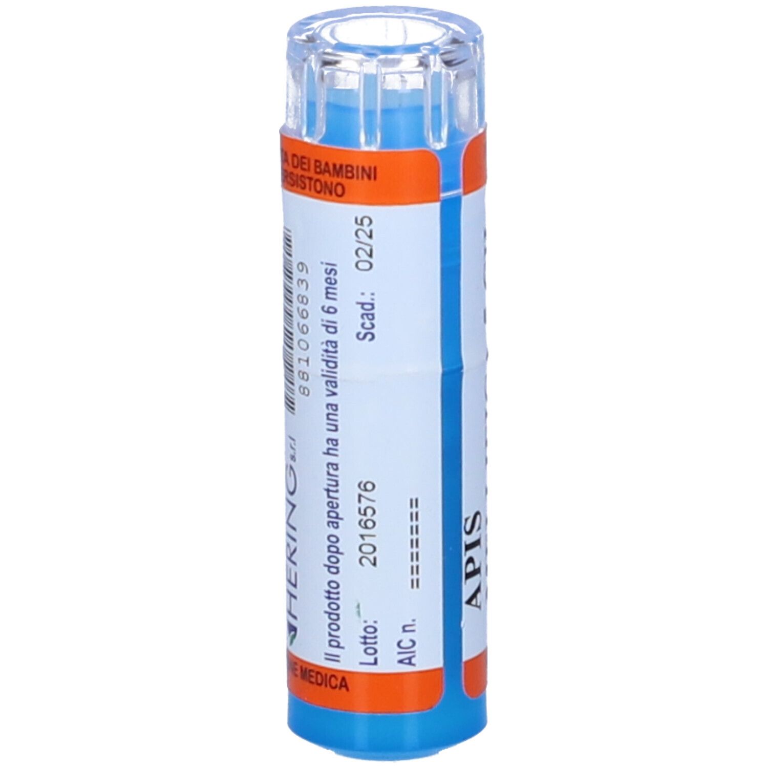 Flacone cilindrico, tappo blu. Scritta: Apis. Scadenza 02/25. Dettagli arancioni e blu.