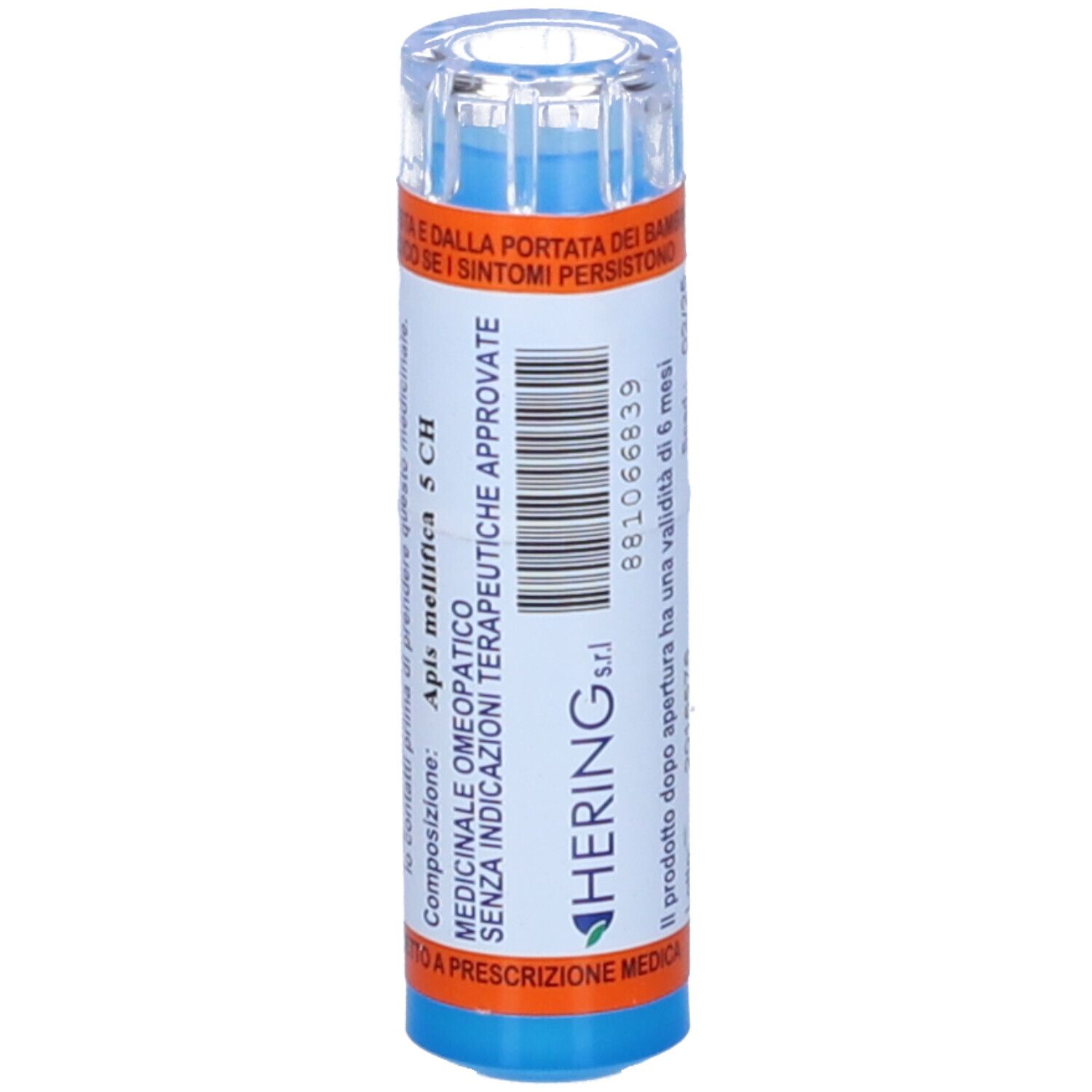 Flacone cilindrico, tappo blu. Scritta: Hering s.r.l. Apis mellifica 5 CH. Dettagli arancioni e blu.