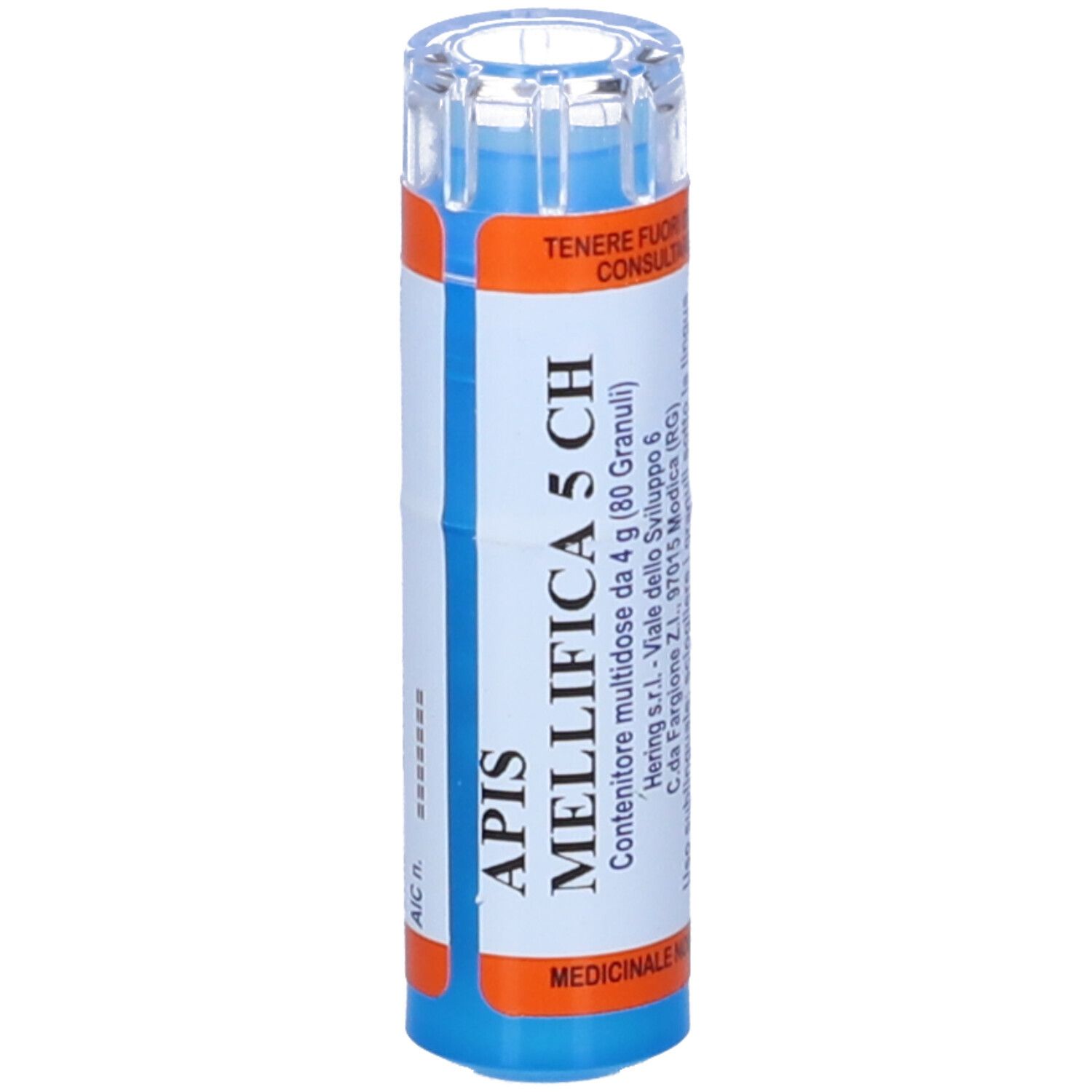 Flacone cilindrico, tappo blu. Scritta: Apis Mellifica 5 CH, 4 g. Dettagli arancioni e blu.