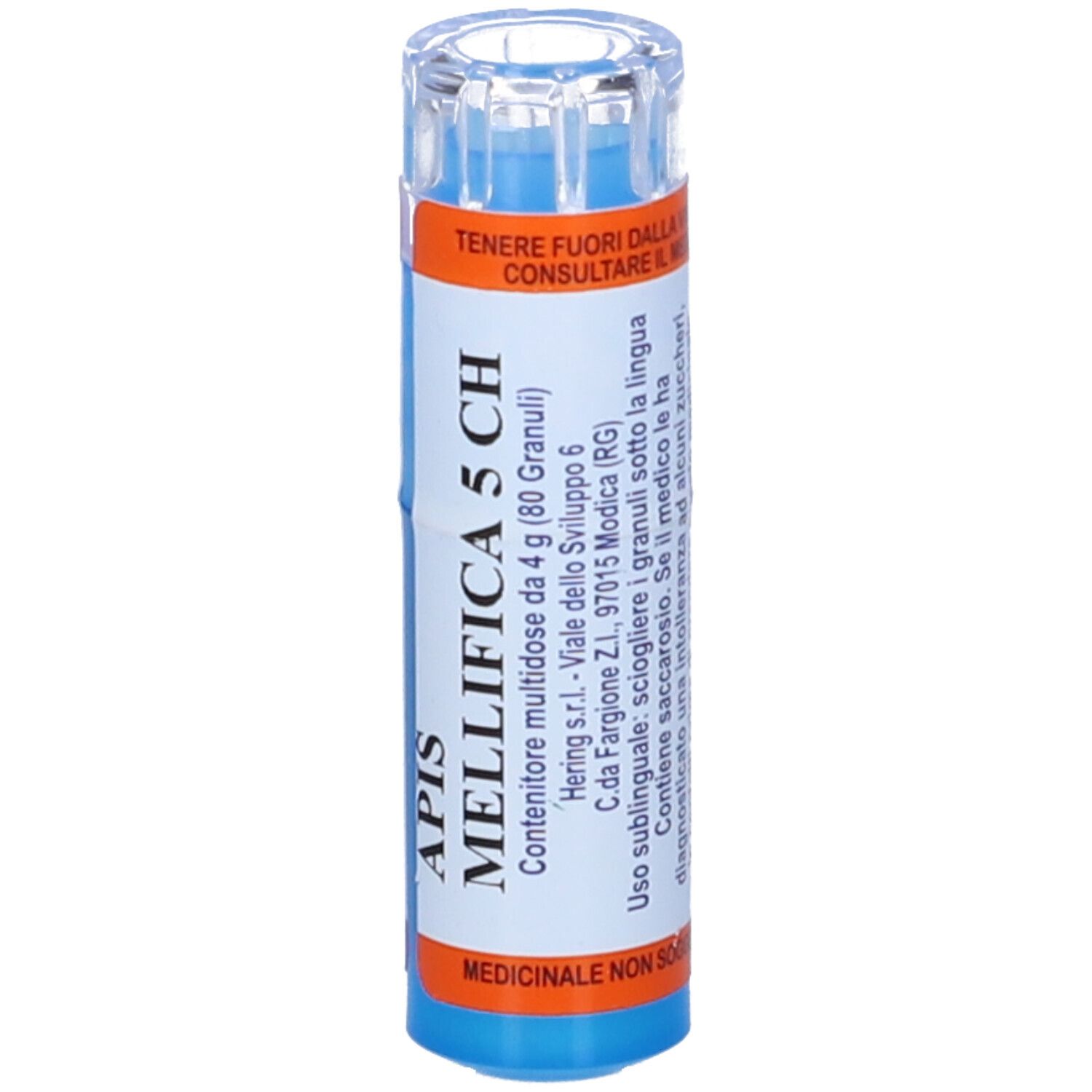 Flacone cilindrico, tappo blu. Scritta: Apis Mellifica 5 CH, 4 g. Dettagli arancioni e blu.